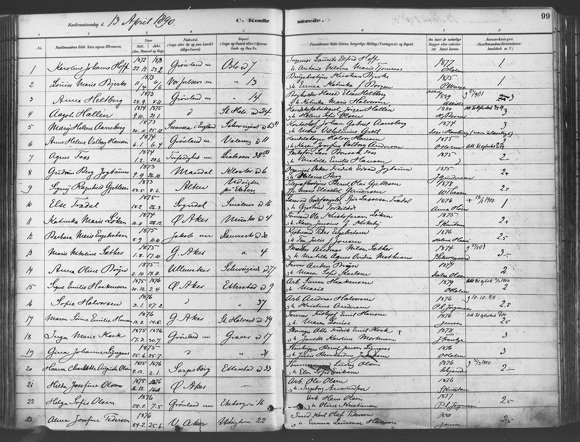 Gamlebyen prestekontor Kirkebøker, SAO/A-10884/F/Fa/L0006: Parish register (official) no. 6, 1881-1890, p. 99