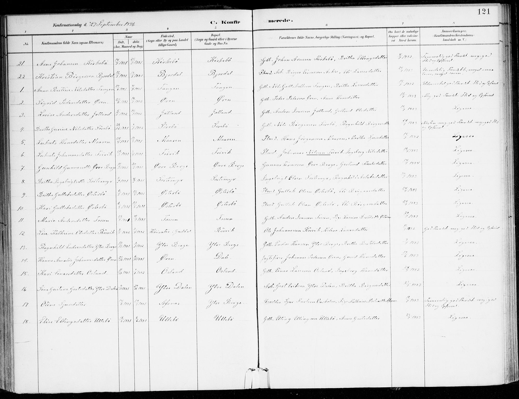 Lavik sokneprestembete, AV/SAB-A-80901: Parish register (official) no. C 1, 1882-1904, p. 121