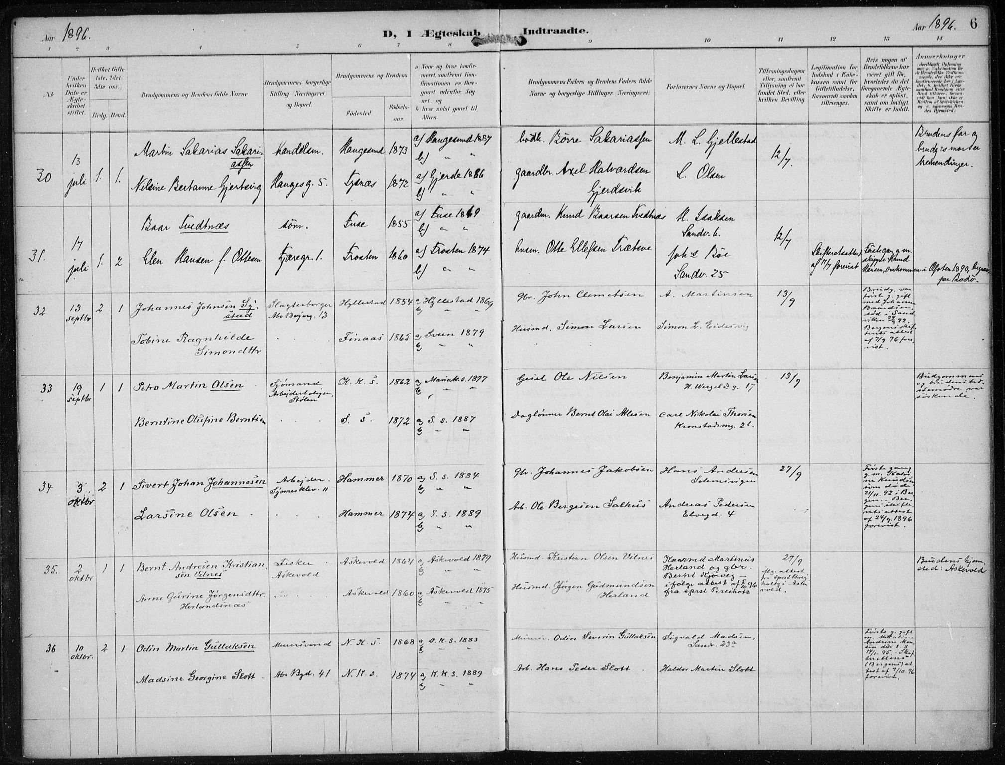 Sandviken Sokneprestembete, AV/SAB-A-77601/H/Ha/L0014: Parish register (official) no. D 1, 1896-1911, p. 6