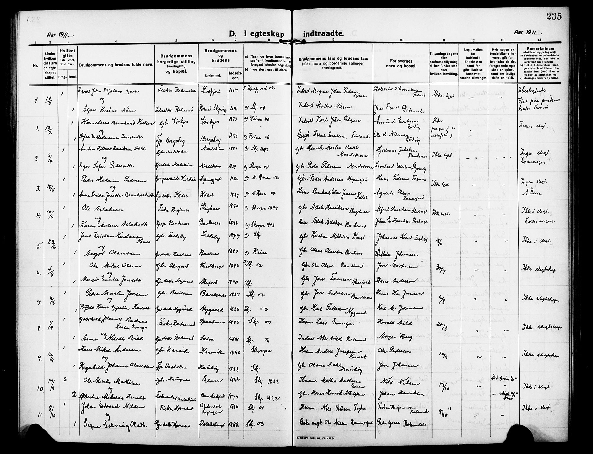 Skjervøy sokneprestkontor, AV/SATØ-S-1300/H/Ha/Hab/L0009klokker: Parish register (copy) no. 9, 1911-1926, p. 235