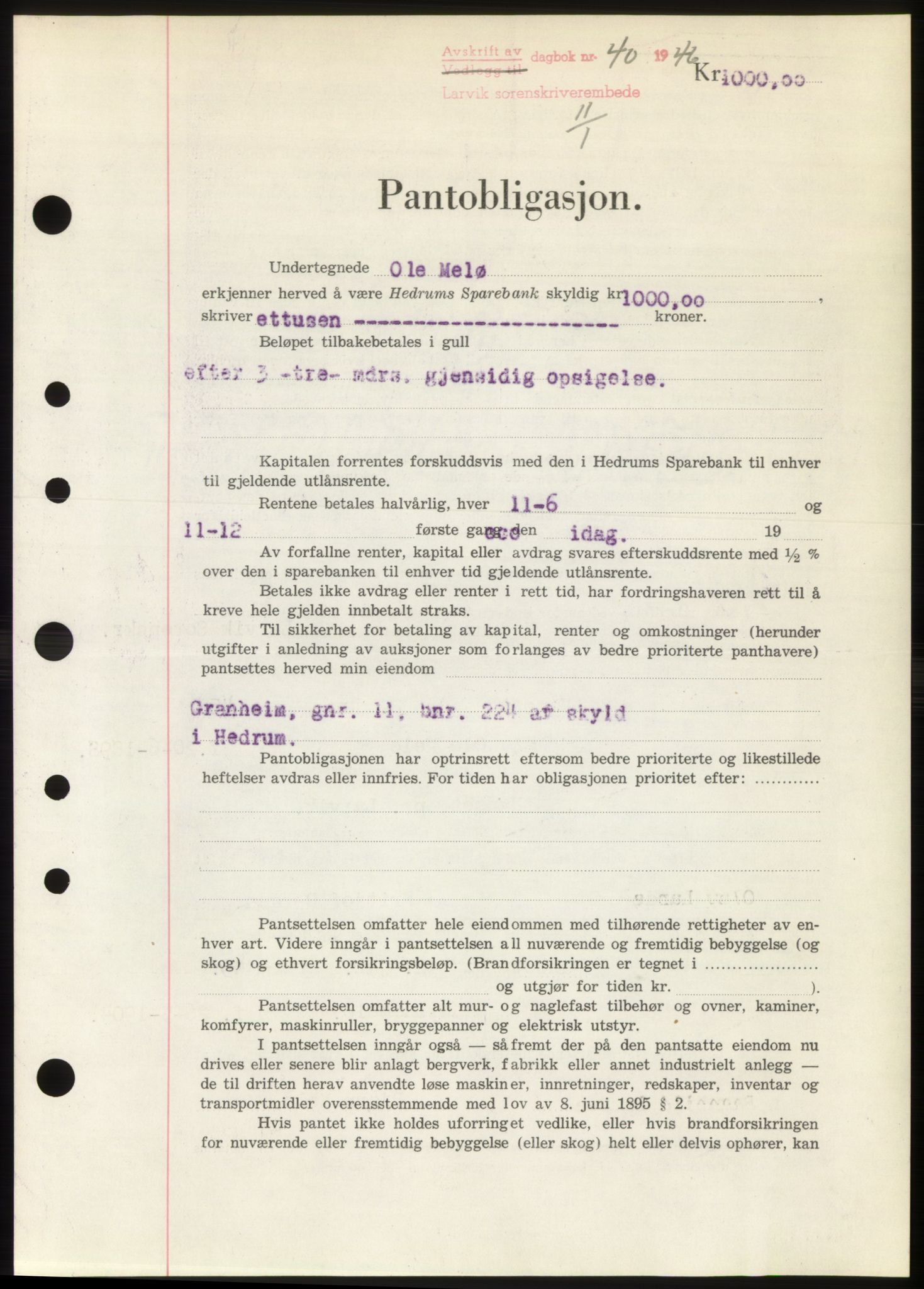 Larvik sorenskriveri, AV/SAKO-A-83/G/Ga/Gac/L0009b: Mortgage book no. B-9b, 1946-1946, Diary no: : 40/1946