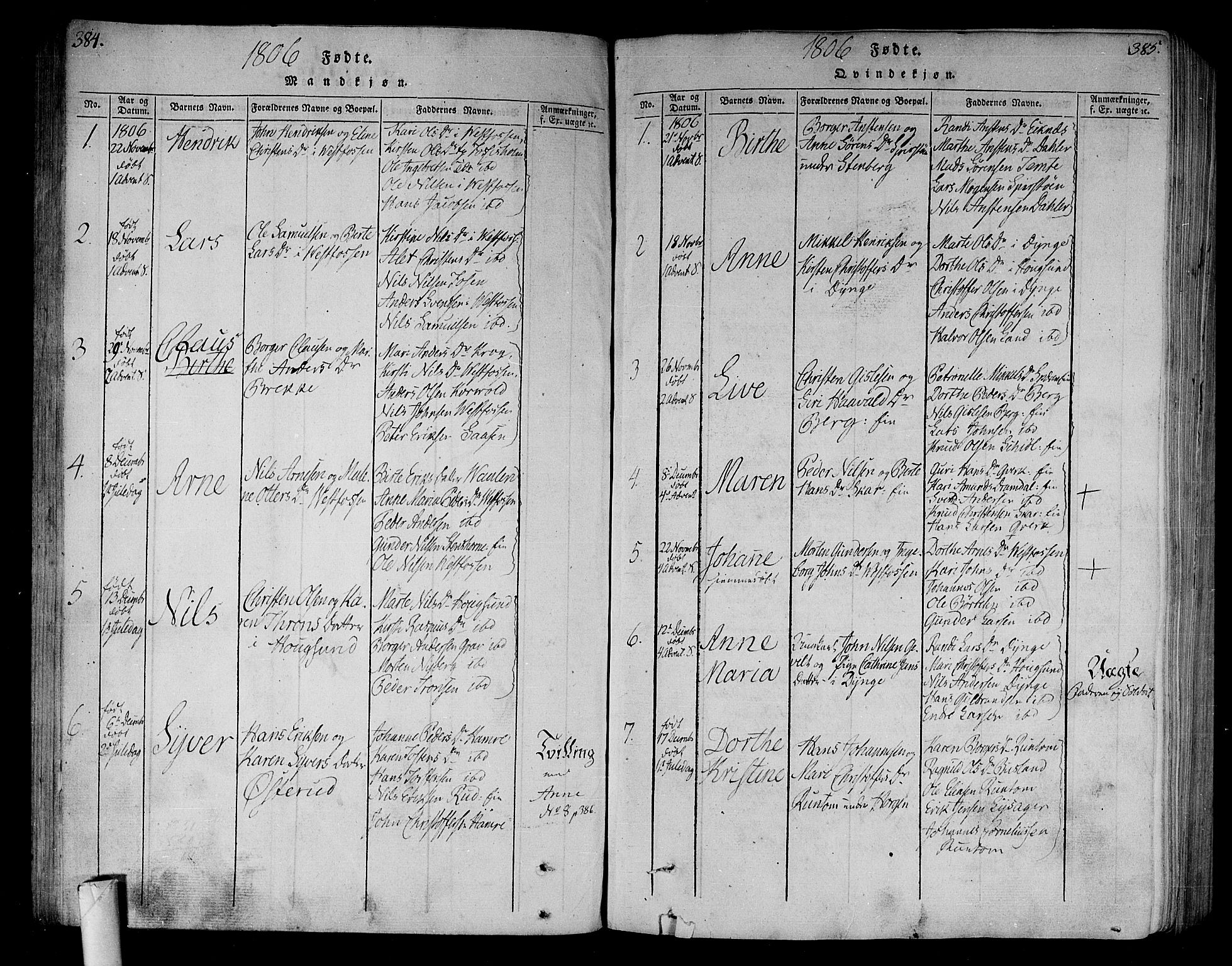 Eiker kirkebøker, SAKO/A-4/F/Fa/L0010: Parish register (official) no. I 10, 1806-1815, p. 384-385