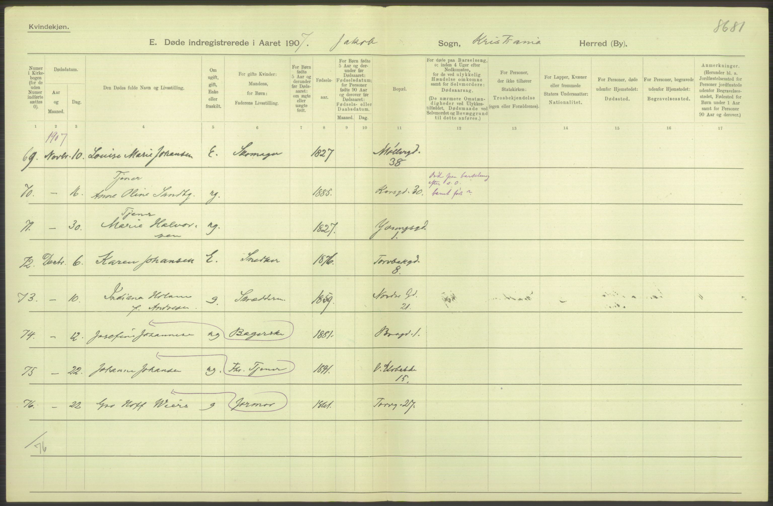 Statistisk sentralbyrå, Sosiodemografiske emner, Befolkning, RA/S-2228/D/Df/Dfa/Dfae/L0009: Kristiania: Døde, 1907, p. 410