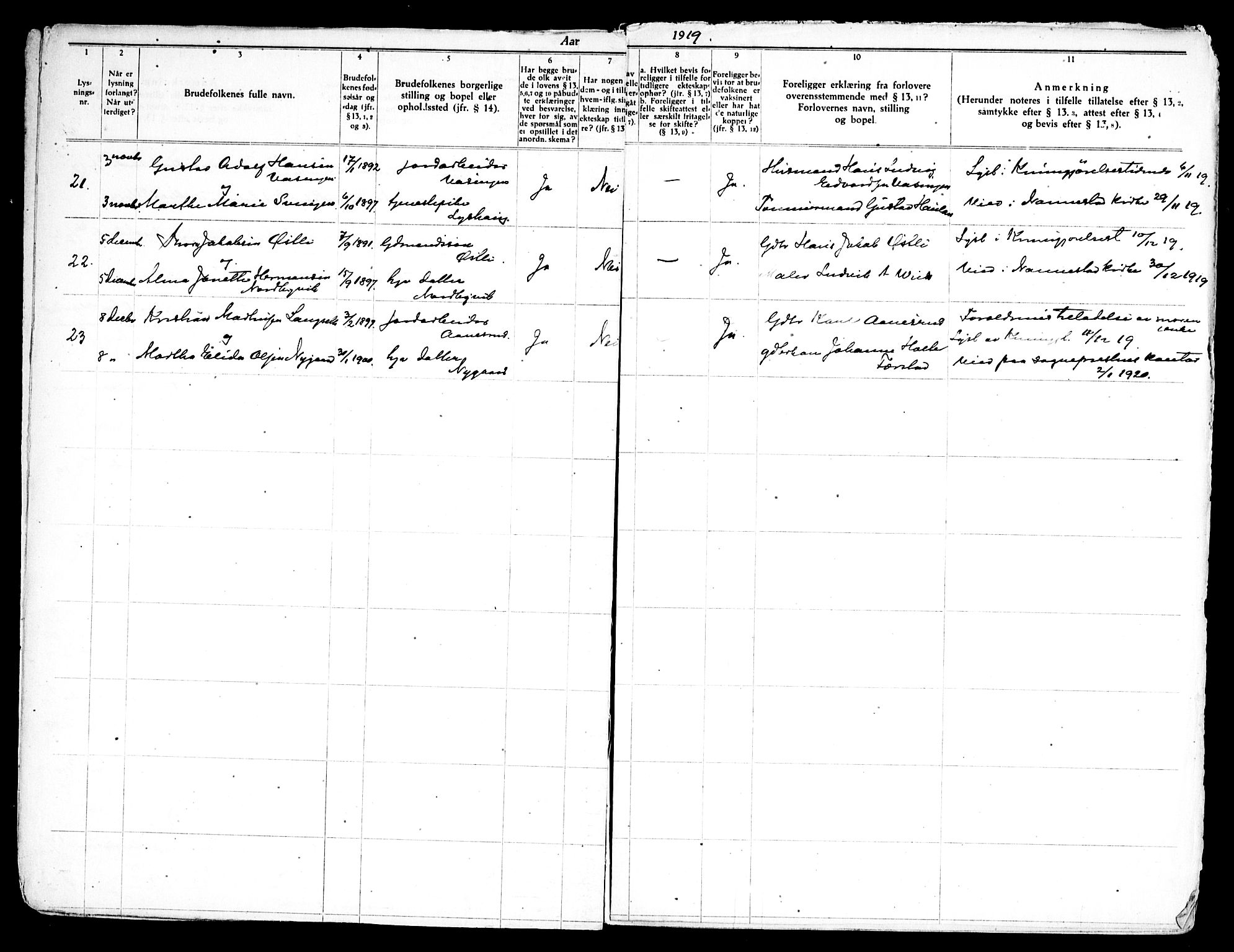 Nannestad prestekontor Kirkebøker, AV/SAO-A-10414a/H/Ha/L0003: Banns register no. I 3, 1919-1958