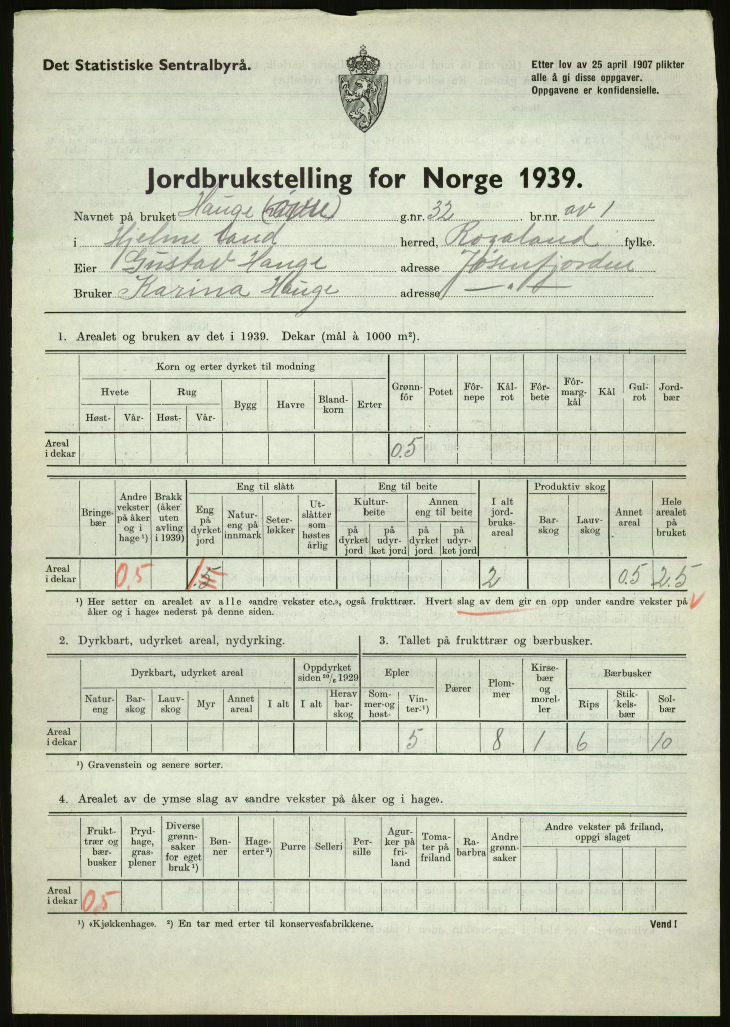 Statistisk sentralbyrå, Næringsøkonomiske emner, Jordbruk, skogbruk, jakt, fiske og fangst, AV/RA-S-2234/G/Gb/L0184: Rogaland: Årdal, Fister og Hjelmeland, 1939, p. 961