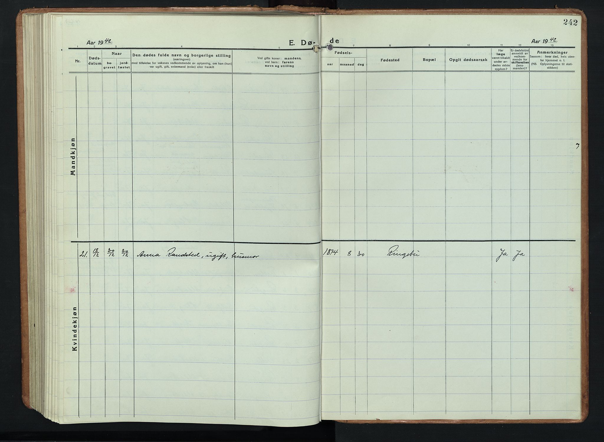 Ringebu prestekontor, AV/SAH-PREST-082/H/Ha/Hab/L0011: Parish register (copy) no. 11, 1921-1943, p. 242