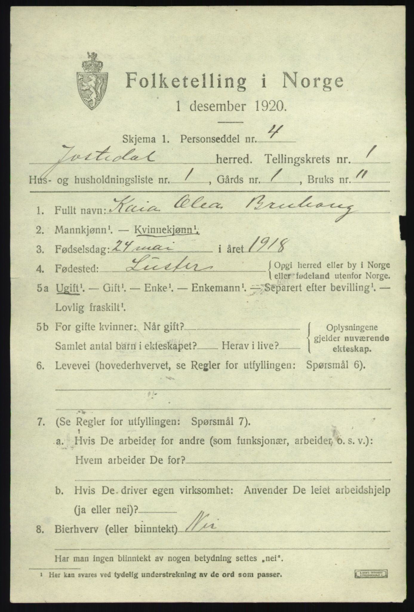 SAB, 1920 census for Jostedal, 1920, p. 314