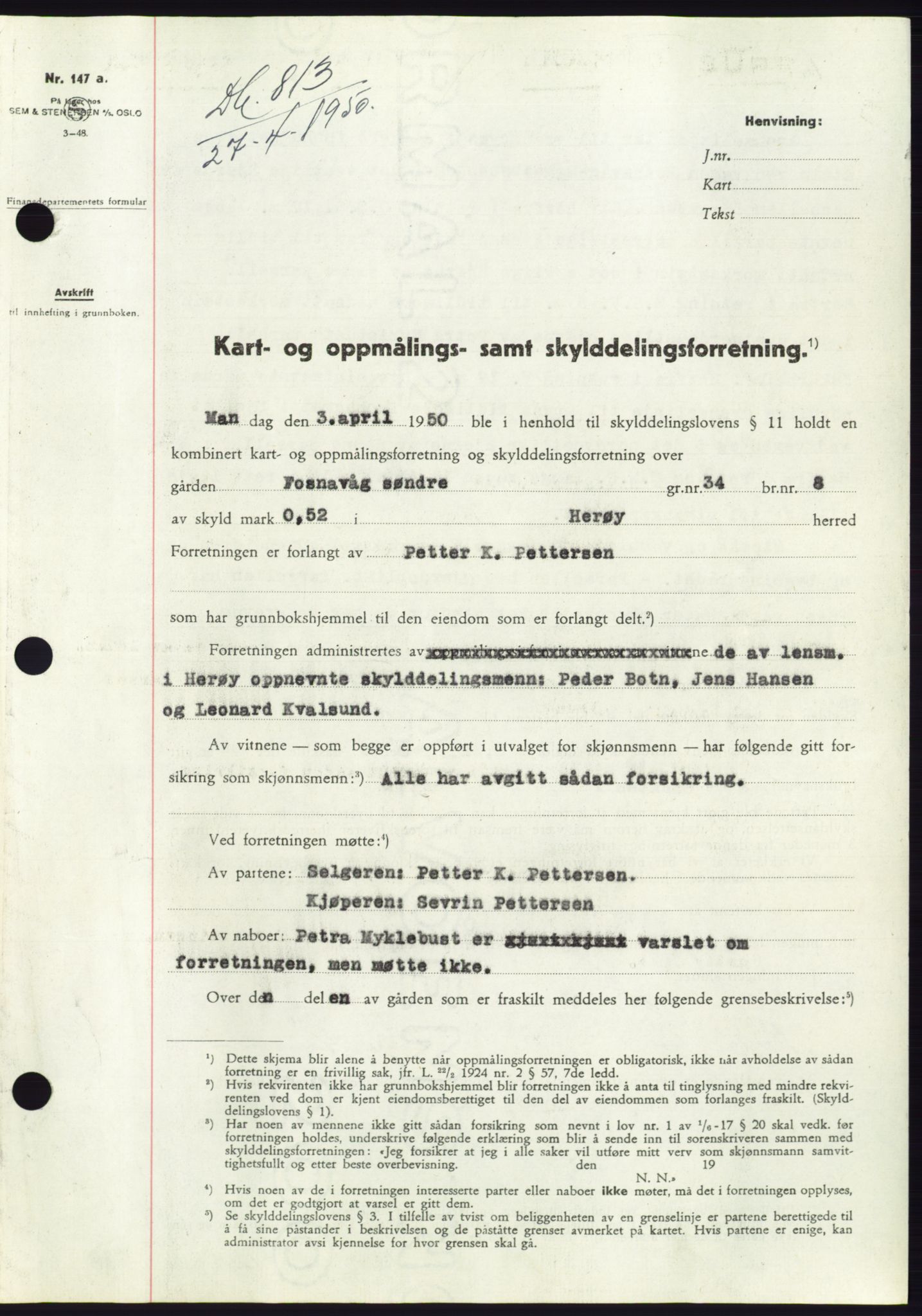 Søre Sunnmøre sorenskriveri, AV/SAT-A-4122/1/2/2C/L0086: Mortgage book no. 12A, 1949-1950, Diary no: : 813/1950