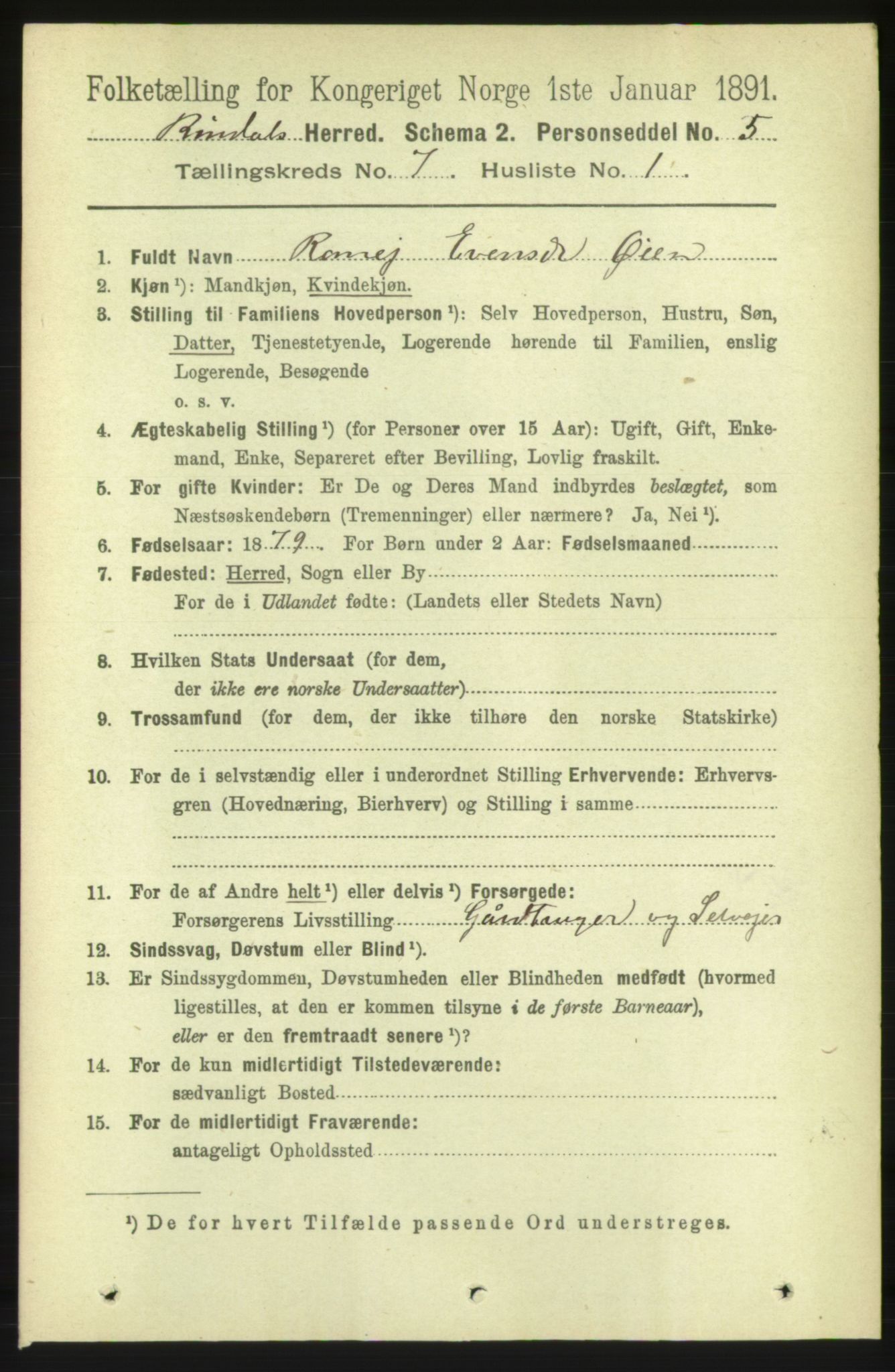 RA, 1891 census for 1567 Rindal, 1891, p. 2030