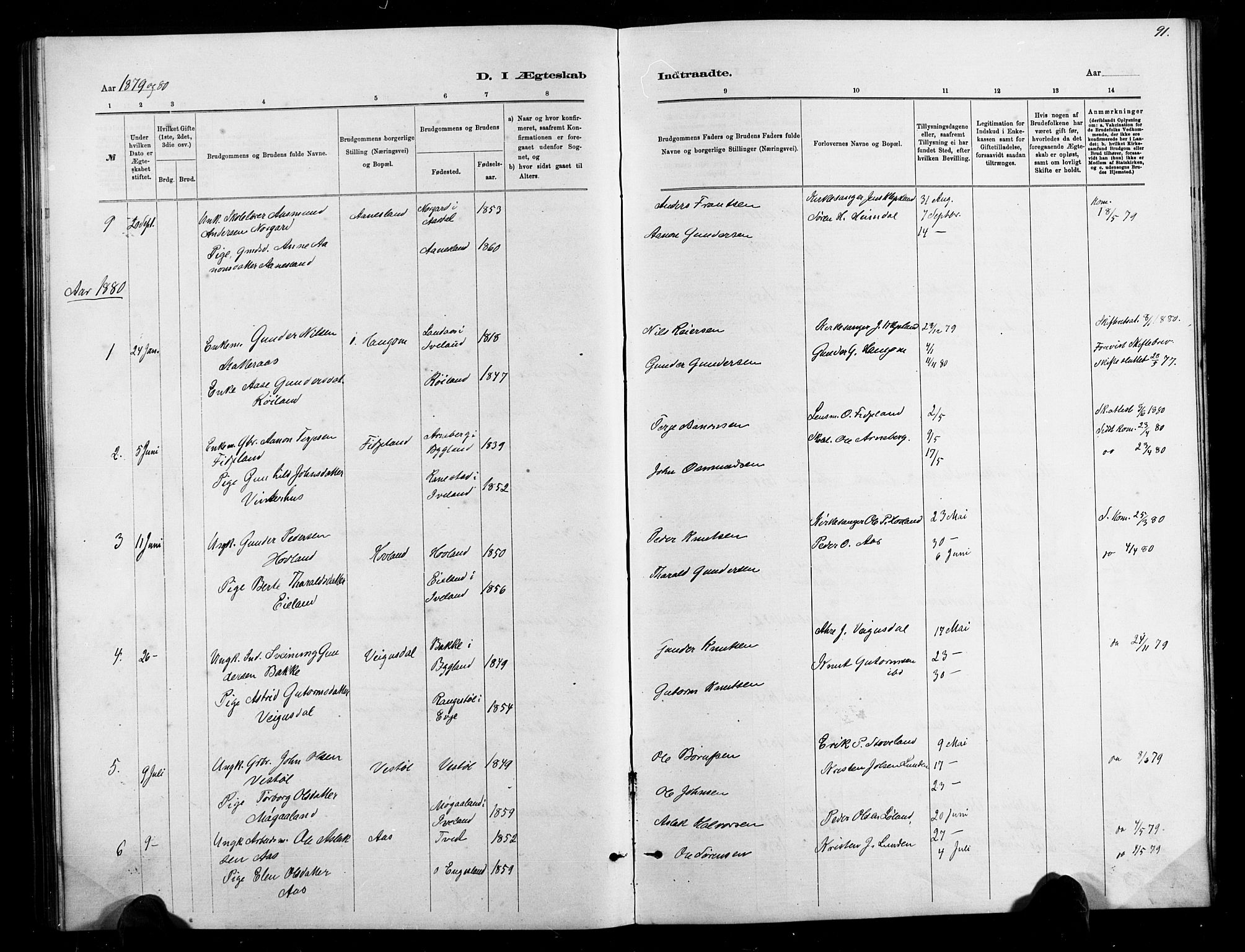 Herefoss sokneprestkontor, SAK/1111-0019/F/Fb/Fbb/L0002: Parish register (copy) no. B 2, 1879-1894, p. 91
