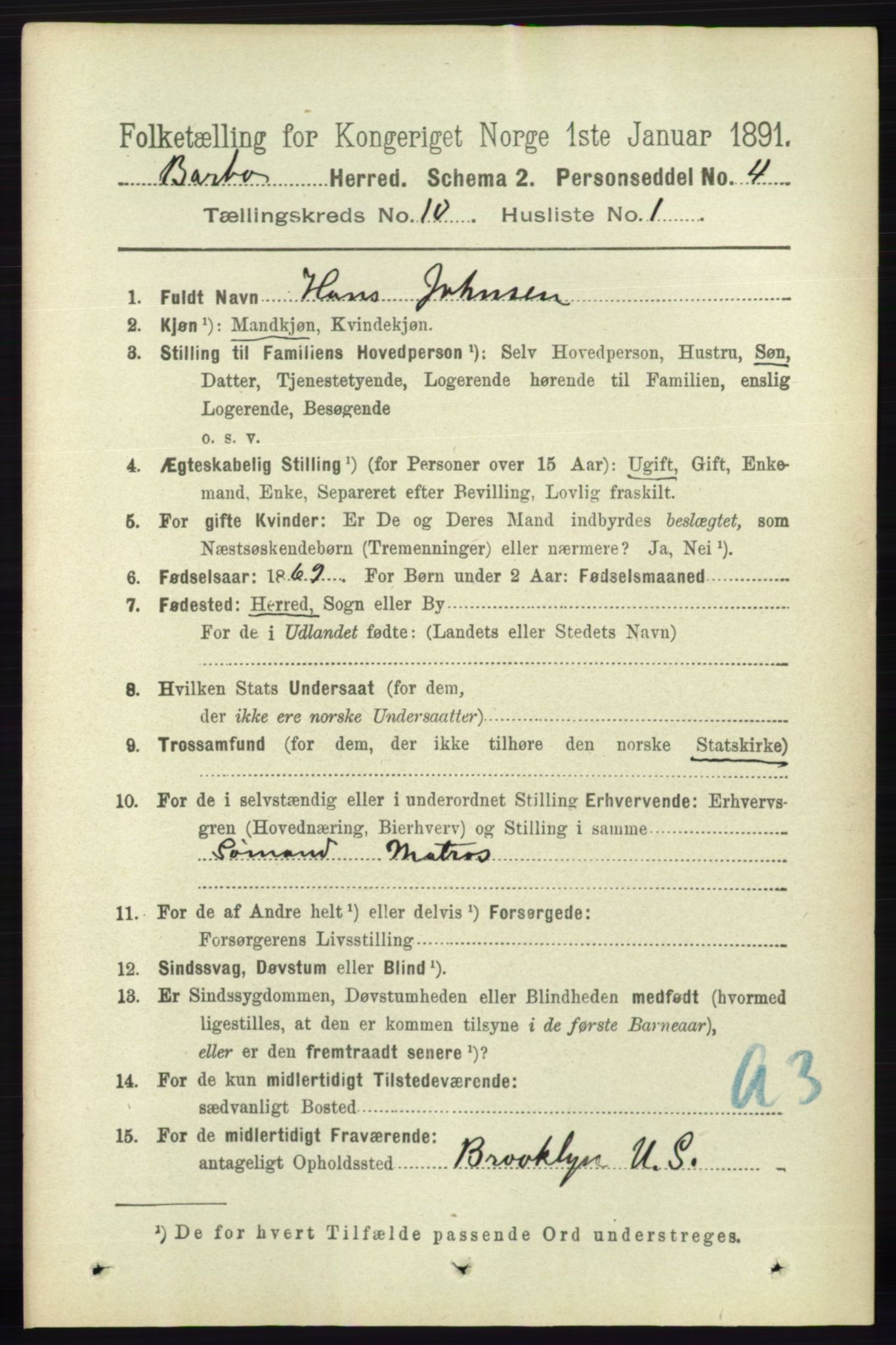 RA, 1891 census for 0990 Barbu, 1891, p. 7896