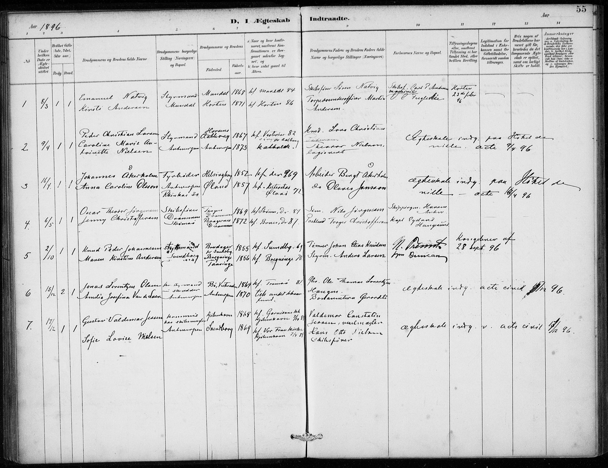 Den norske sjømannsmisjon i utlandet/Antwerpen, SAB/SAB/PA-0105/H/Ha/L0002: Parish register (official) no. A 2, 1887-1913, p. 55