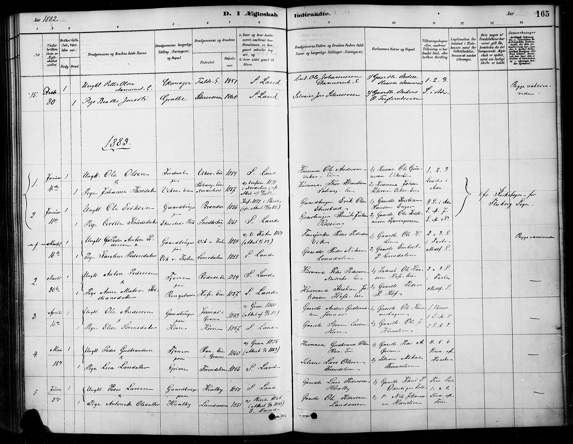 Søndre Land prestekontor, SAH/PREST-122/K/L0003: Parish register (official) no. 3, 1878-1894, p. 165