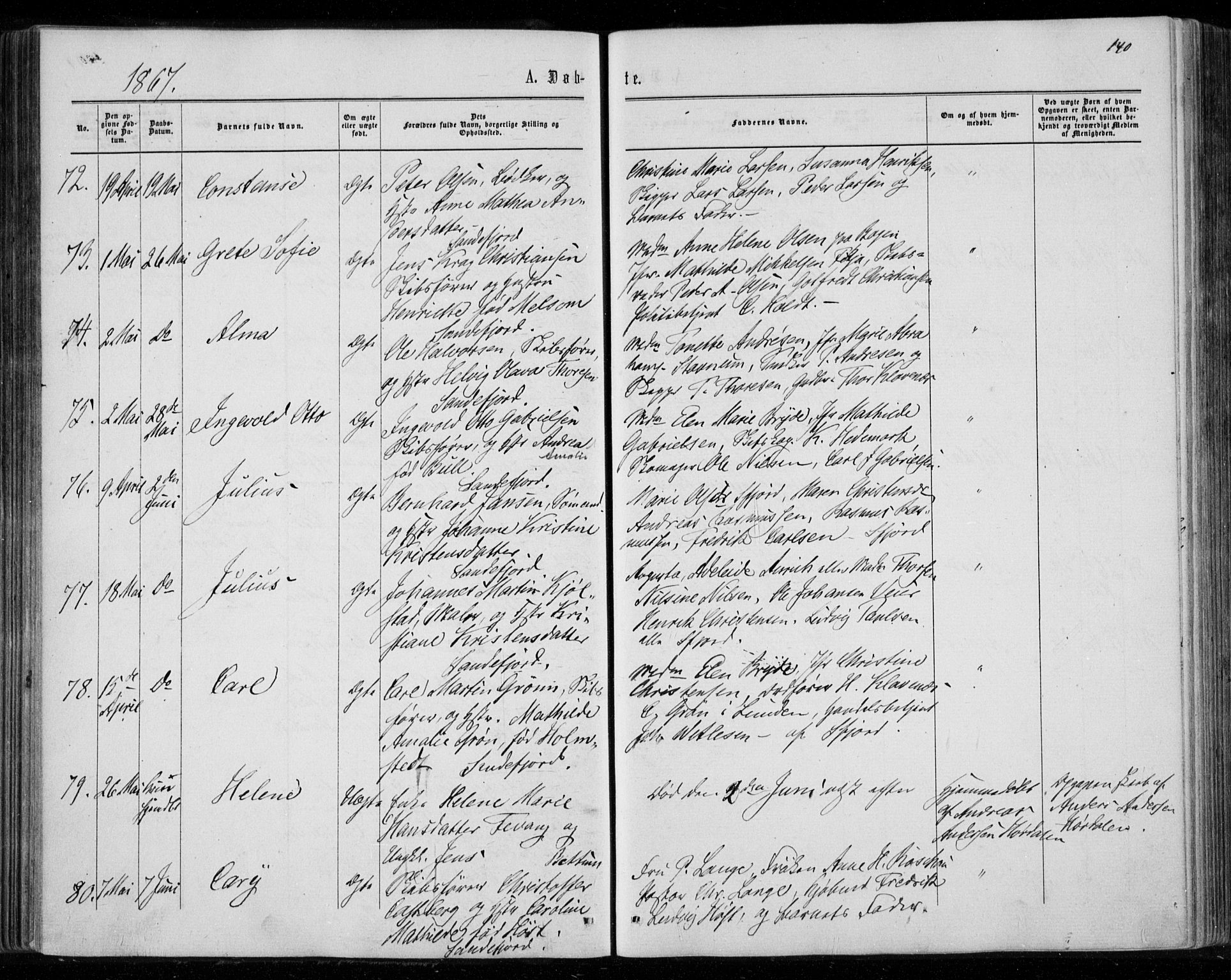 Sandar kirkebøker, SAKO/A-243/F/Fa/L0008: Parish register (official) no. 8, 1862-1871, p. 140