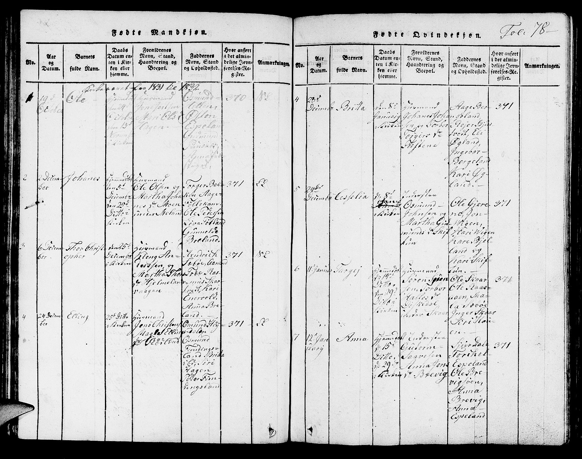 Hjelmeland sokneprestkontor, SAST/A-101843/01/V/L0001: Parish register (copy) no. B 1, 1816-1841, p. 78
