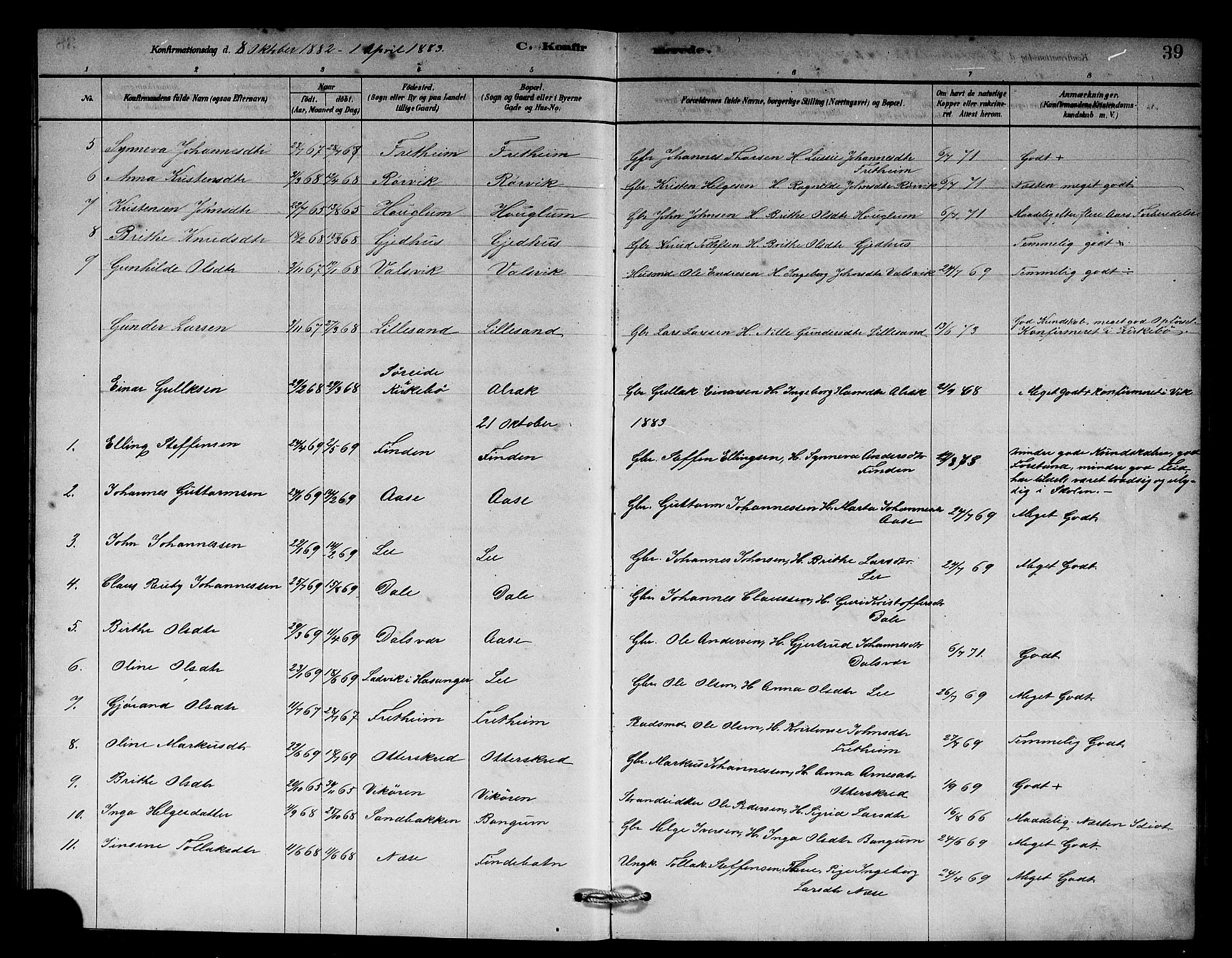 Vik sokneprestembete, AV/SAB-A-81501/H/Hab/Habb/L0002: Parish register (copy) no. B 2, 1878-1893, p. 39