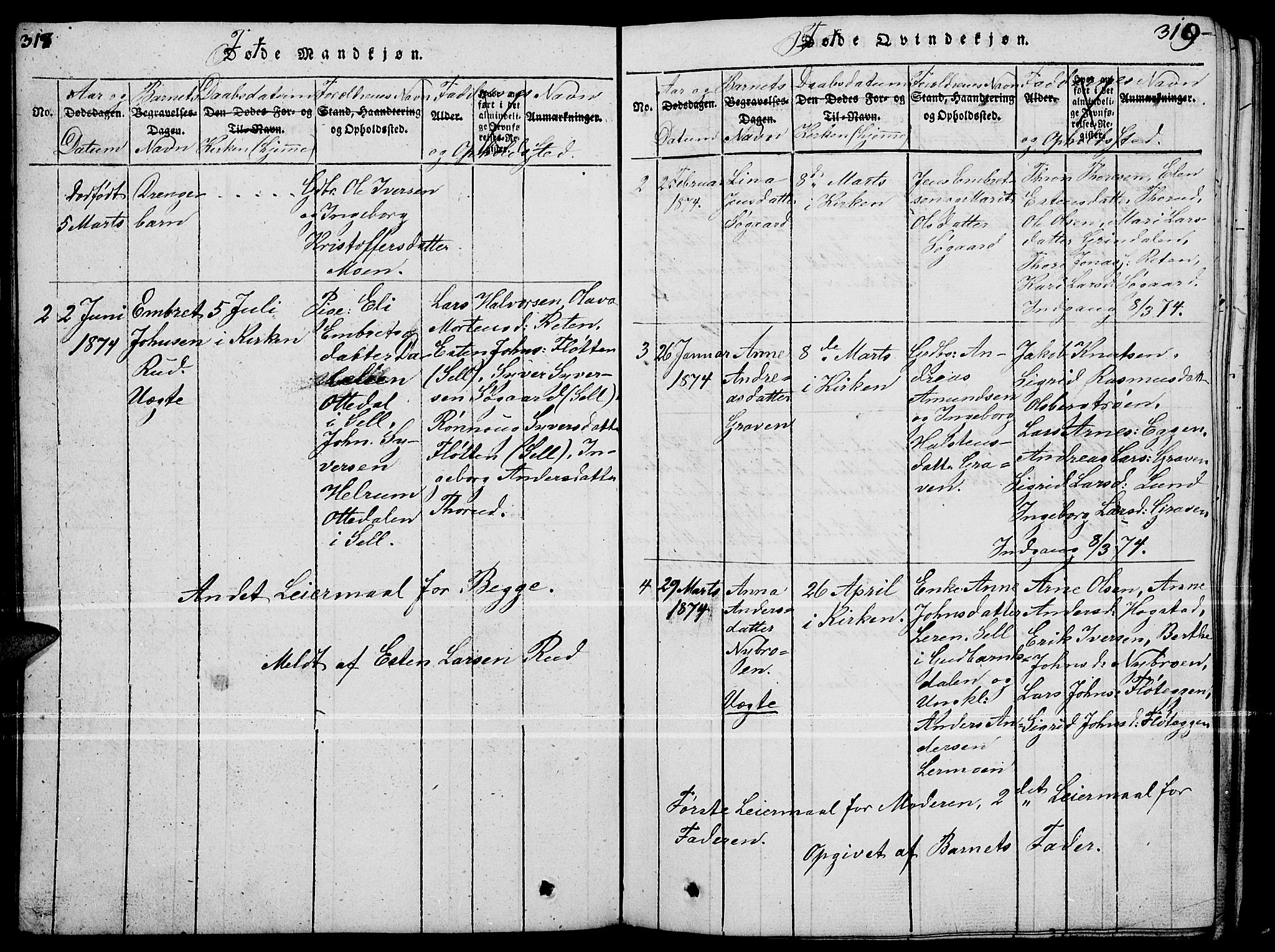 Tynset prestekontor, SAH/PREST-058/H/Ha/Hab/L0004: Parish register (copy) no. 4, 1814-1879, p. 318-319