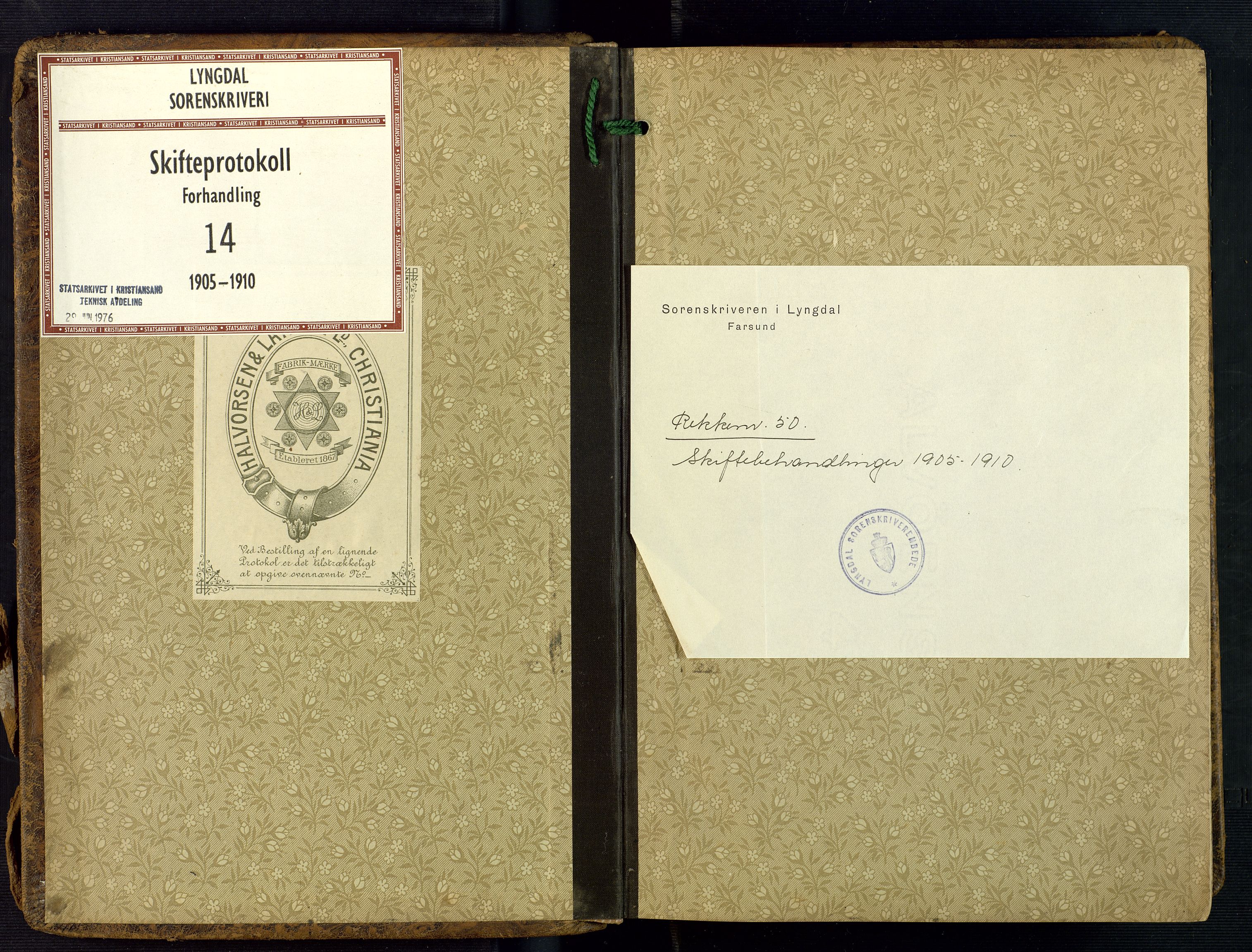 Lyngdal sorenskriveri, AV/SAK-1221-0004/H/Hc/L0880: Skiftebehandlingsprotokoll nr. 14, 1905-1910