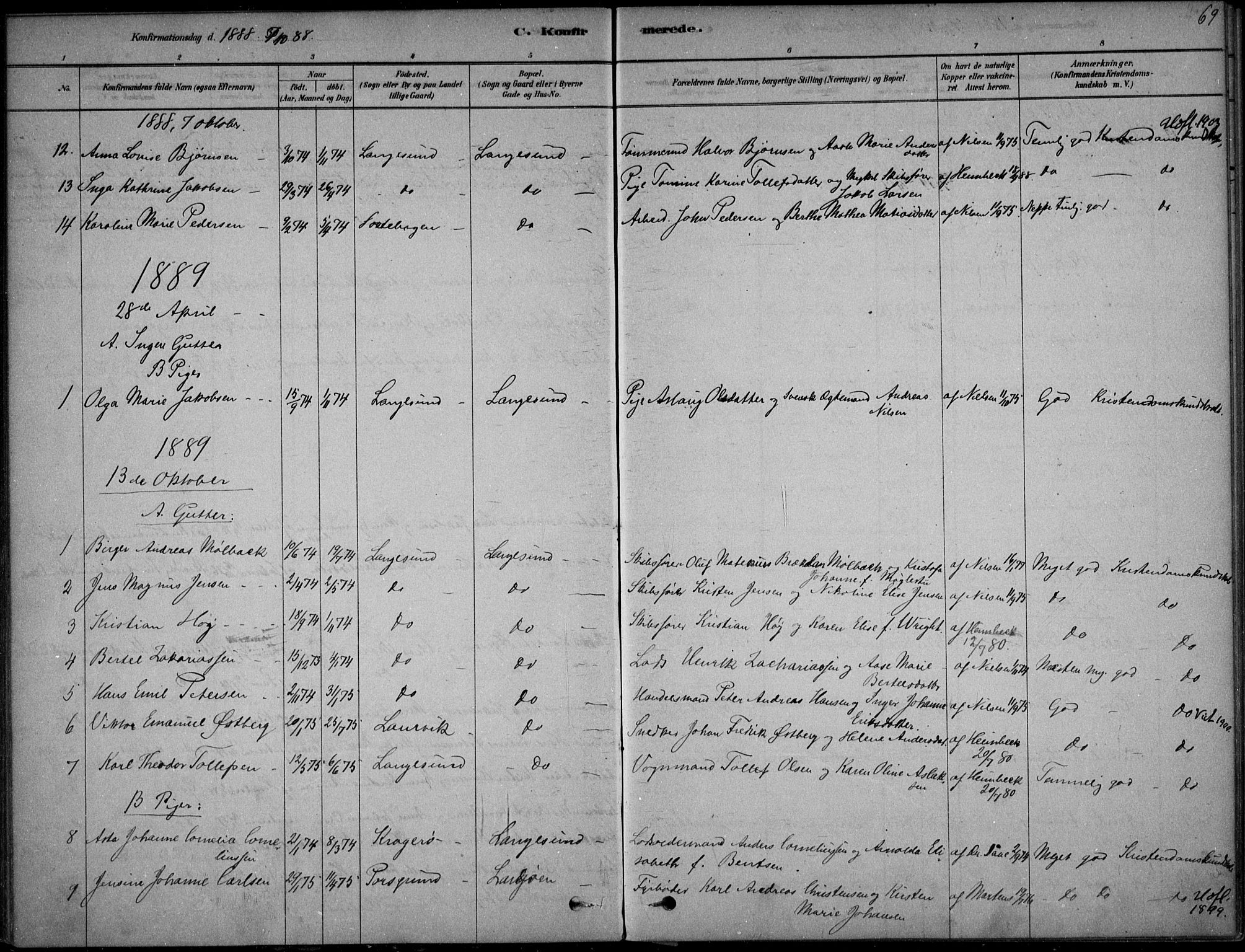 Langesund kirkebøker, SAKO/A-280/F/Fa/L0002: Parish register (official) no. 2, 1878-1892, p. 69