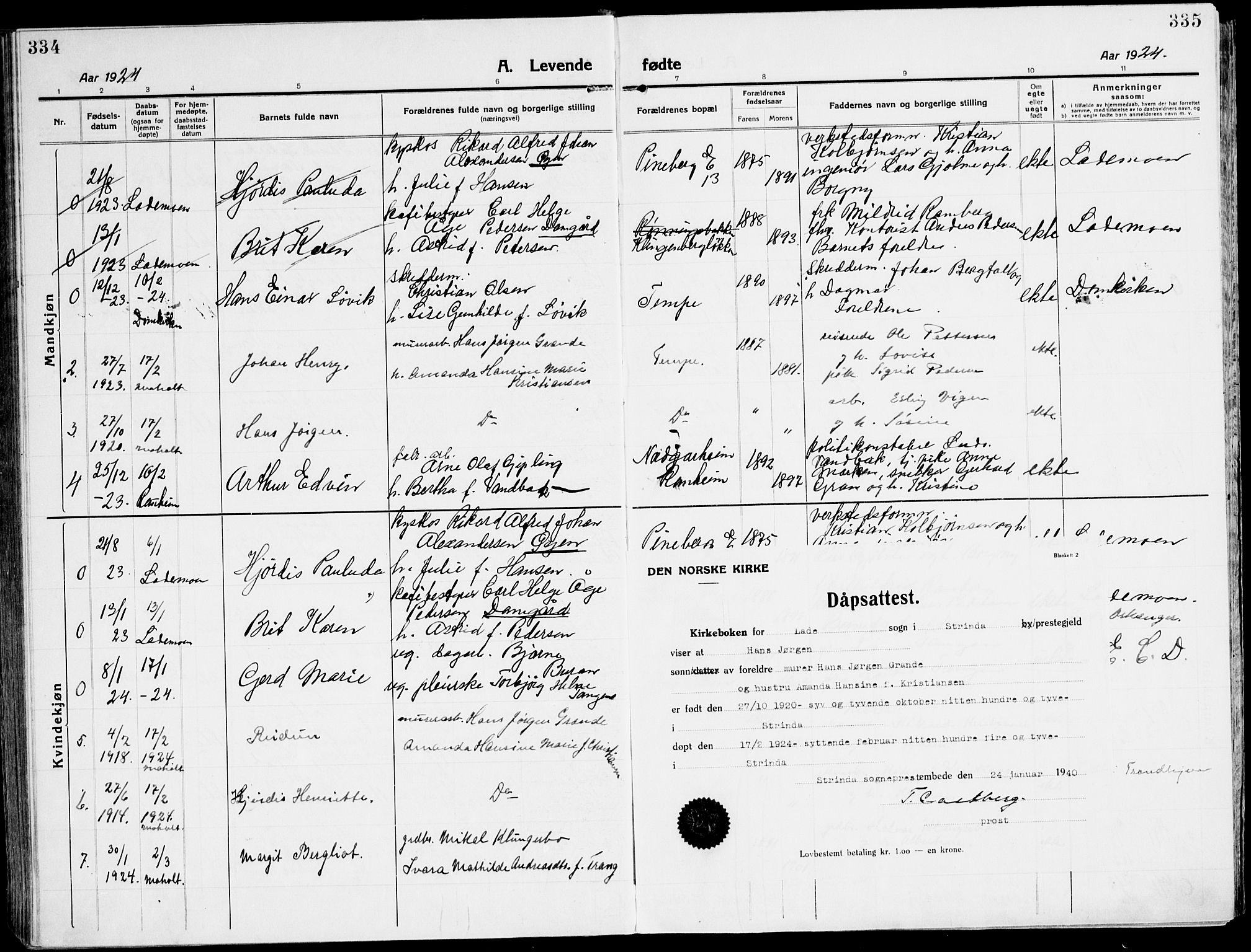 Ministerialprotokoller, klokkerbøker og fødselsregistre - Sør-Trøndelag, AV/SAT-A-1456/607/L0321: Parish register (official) no. 607A05, 1916-1935, p. 334-335
