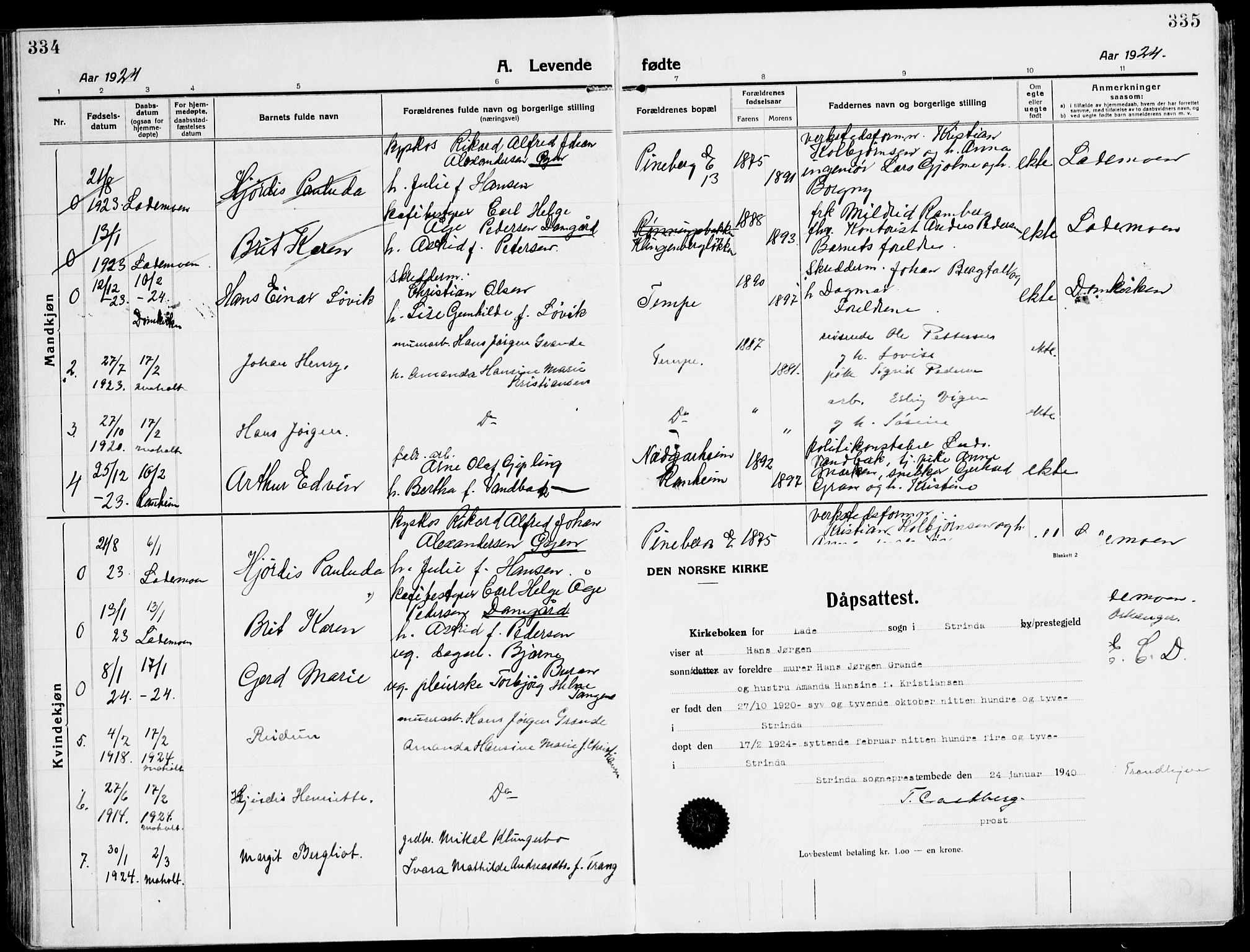 Ministerialprotokoller, klokkerbøker og fødselsregistre - Sør-Trøndelag, SAT/A-1456/607/L0321: Parish register (official) no. 607A05, 1916-1935, p. 334-335