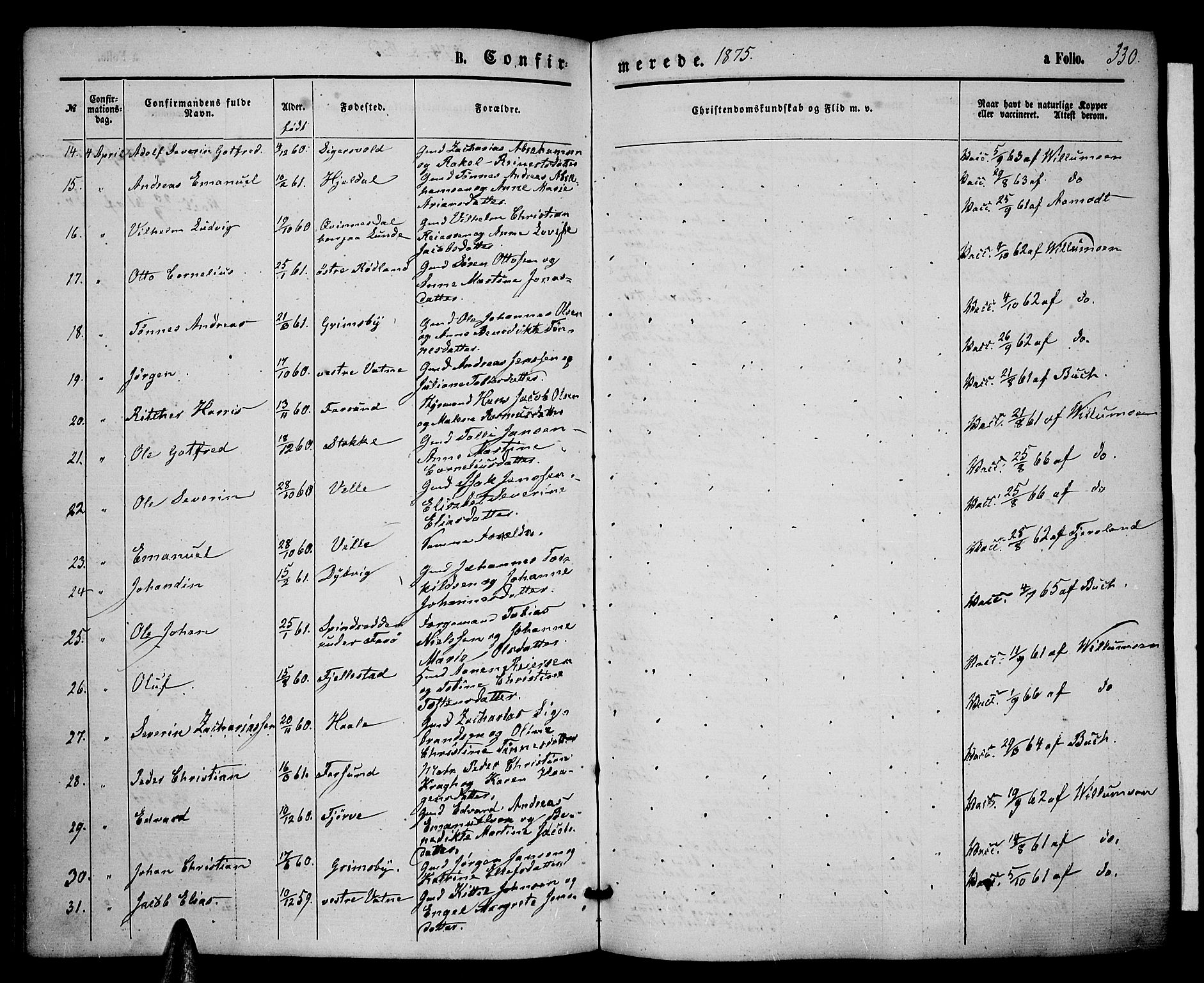 Lista sokneprestkontor, AV/SAK-1111-0027/F/Fb/L0003: Parish register (copy) no. B 3, 1862-1877, p. 330