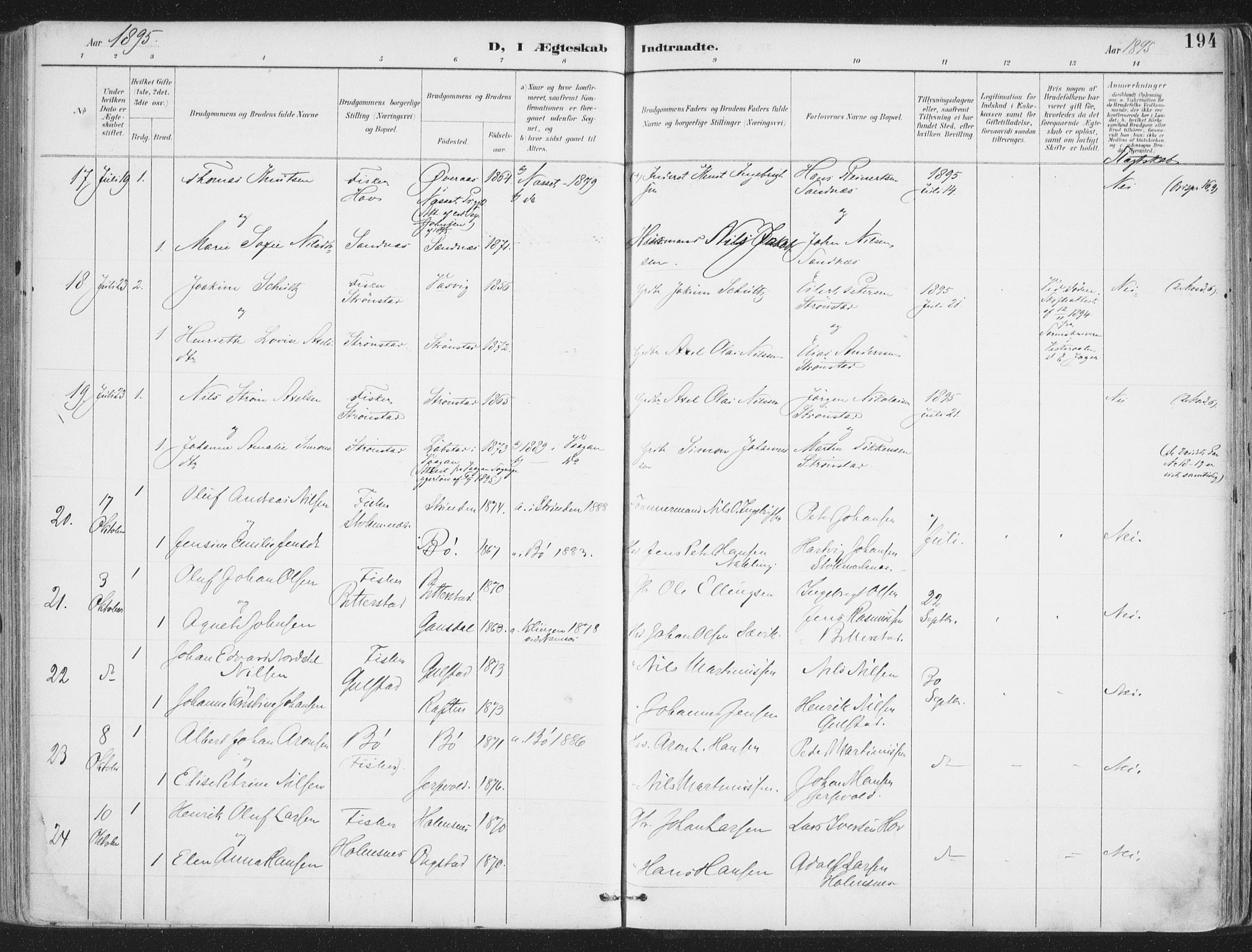 Ministerialprotokoller, klokkerbøker og fødselsregistre - Nordland, SAT/A-1459/888/L1246: Parish register (official) no. 888A12, 1891-1903, p. 194