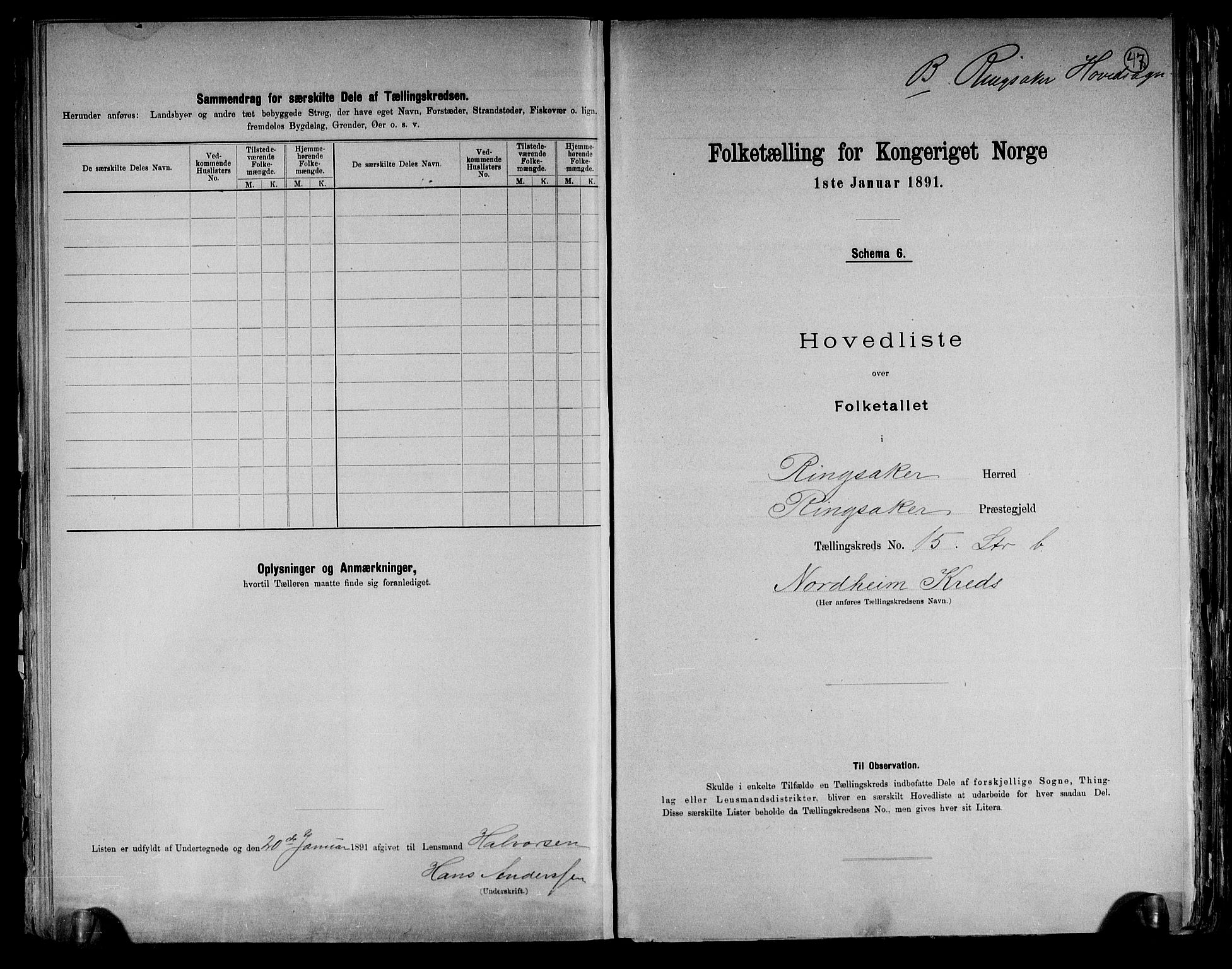 RA, 1891 census for 0412 Ringsaker, 1891, p. 47