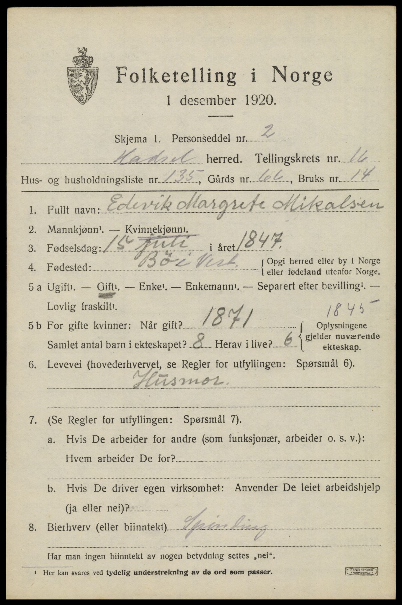 SAT, 1920 census for Hadsel, 1920, p. 15700