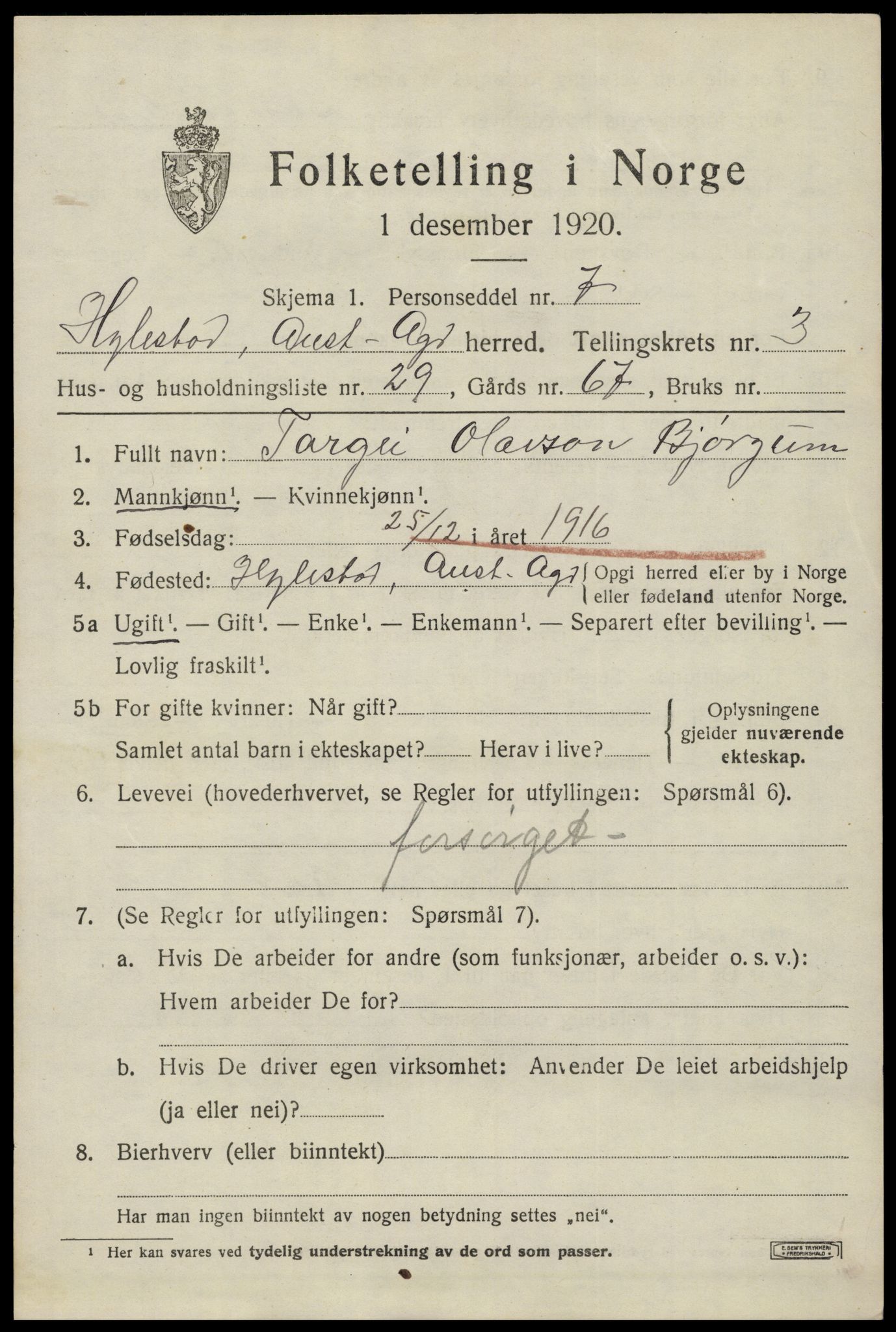 SAK, 1920 census for Hylestad, 1920, p. 1108