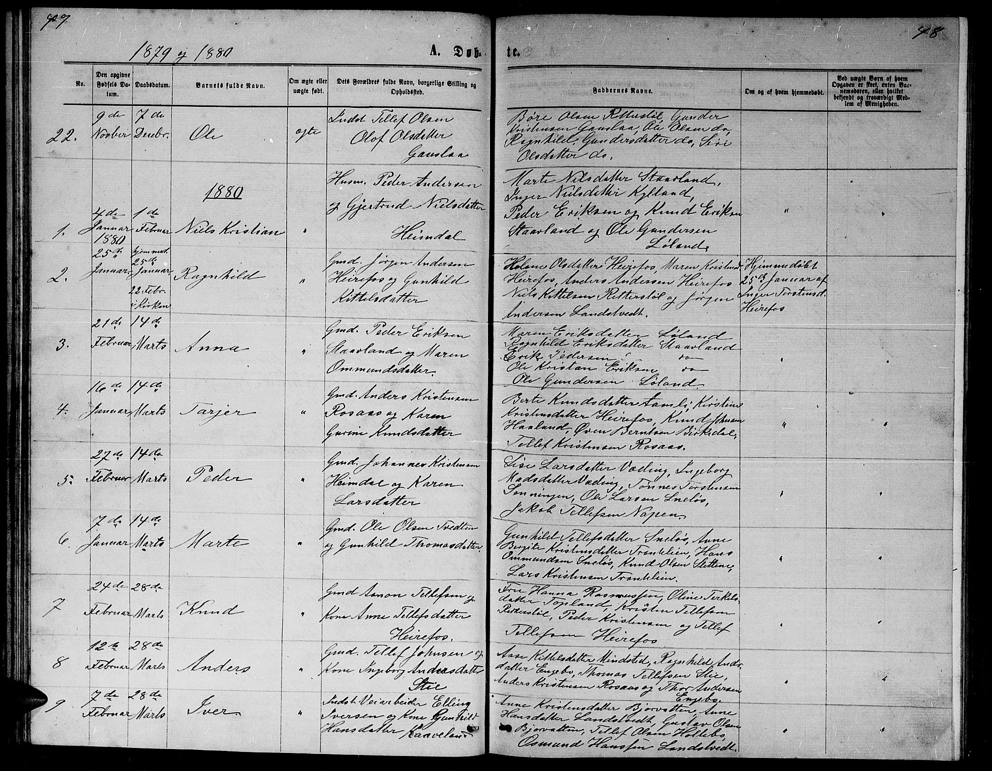 Herefoss sokneprestkontor, SAK/1111-0019/F/Fb/Fba/L0002: Parish register (copy) no. B 2, 1868-1886, p. 47-48