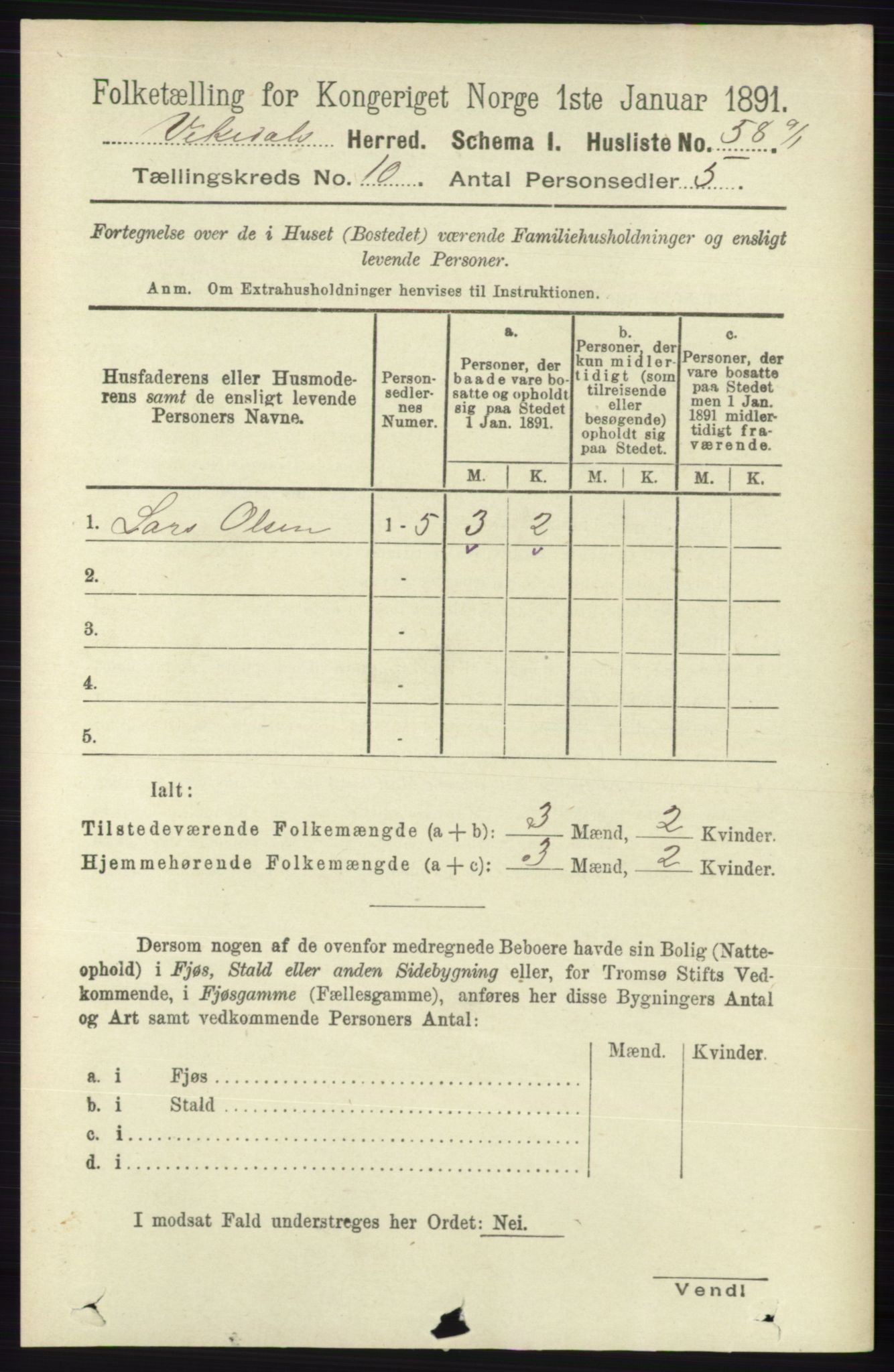 RA, 1891 census for 1157 Vikedal, 1891, p. 2521