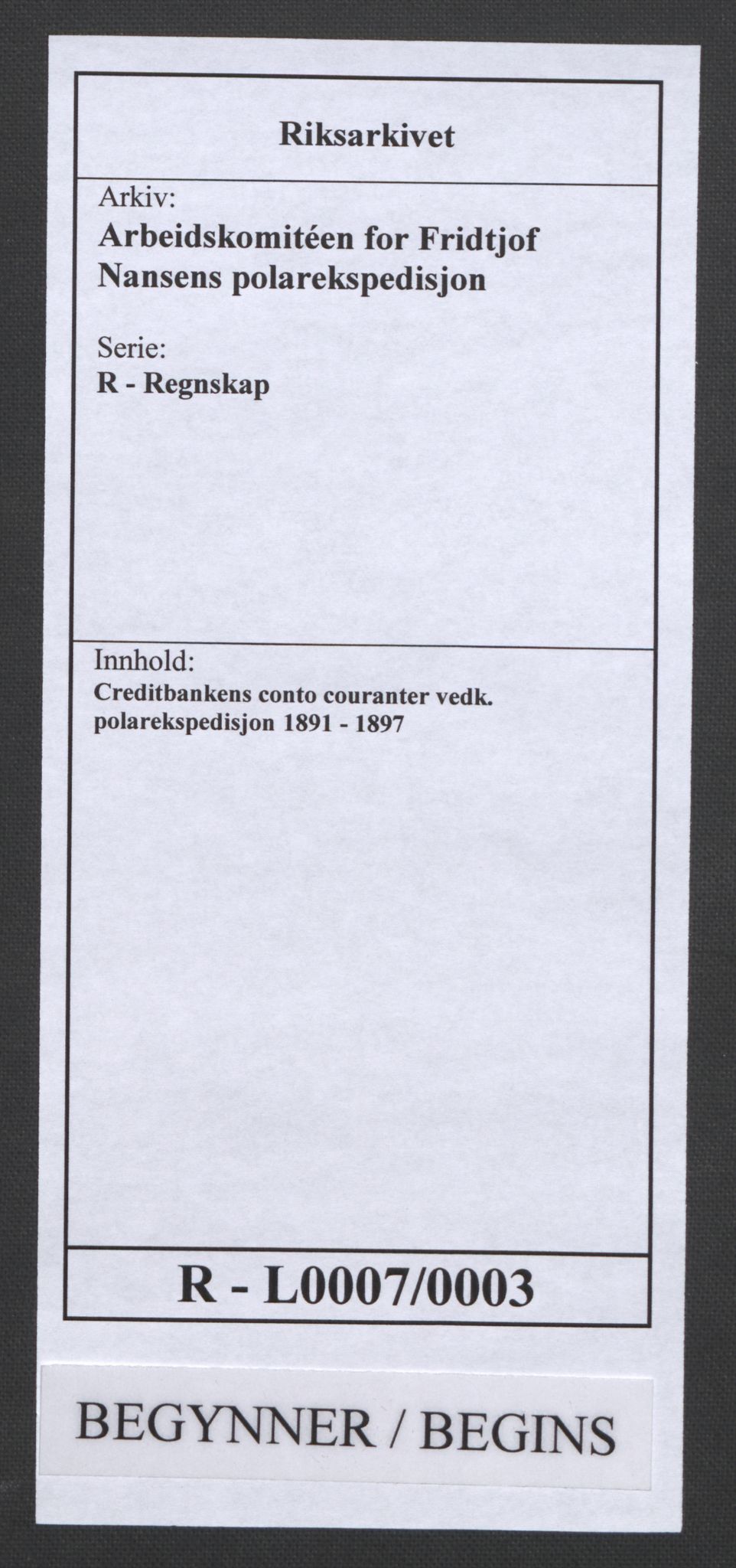 Arbeidskomitéen for Fridtjof Nansens polarekspedisjon, AV/RA-PA-0061/R/L0007/0003: Regnskap / Creditbankens conto couranter vedk. polarekspedisjon, 1891-1897, p. 1