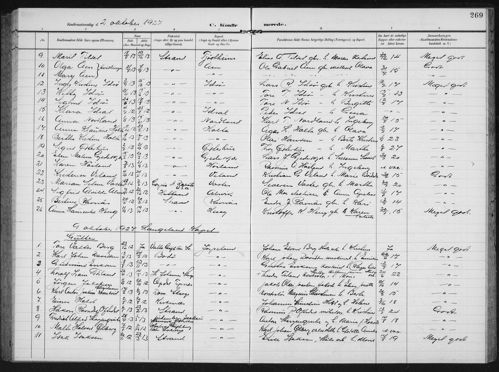 Strand sokneprestkontor, AV/SAST-A-101828/H/Ha/Hab/L0005: Parish register (copy) no. B 5, 1904-1934, p. 269