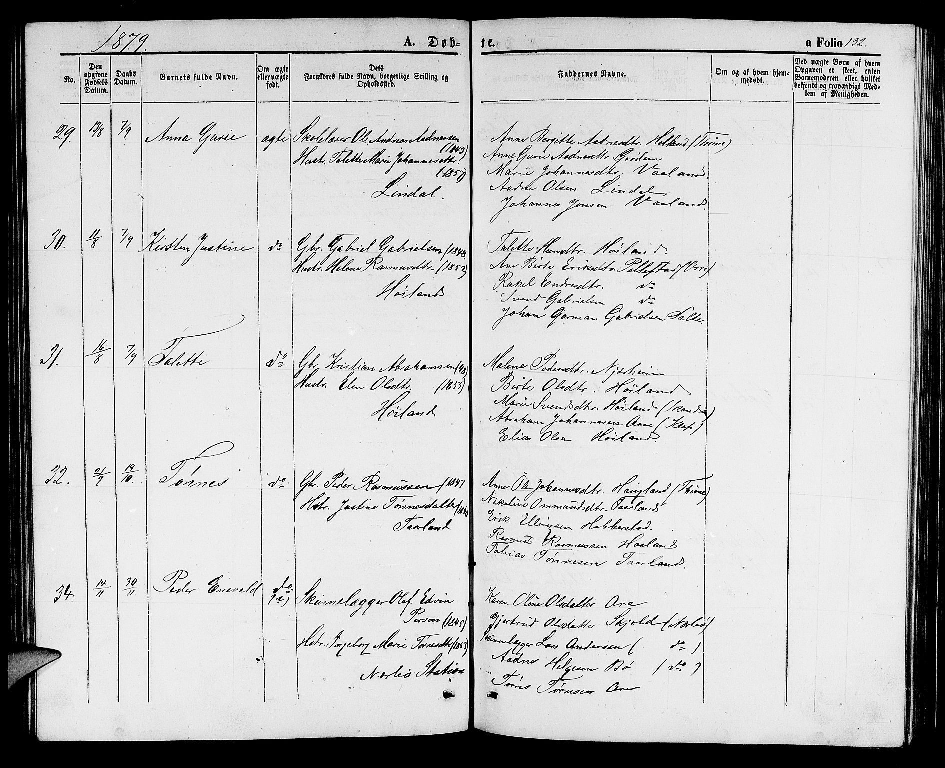 Hå sokneprestkontor, AV/SAST-A-101801/001/30BB/L0001: Parish register (copy) no. B 1, 1854-1883, p. 132