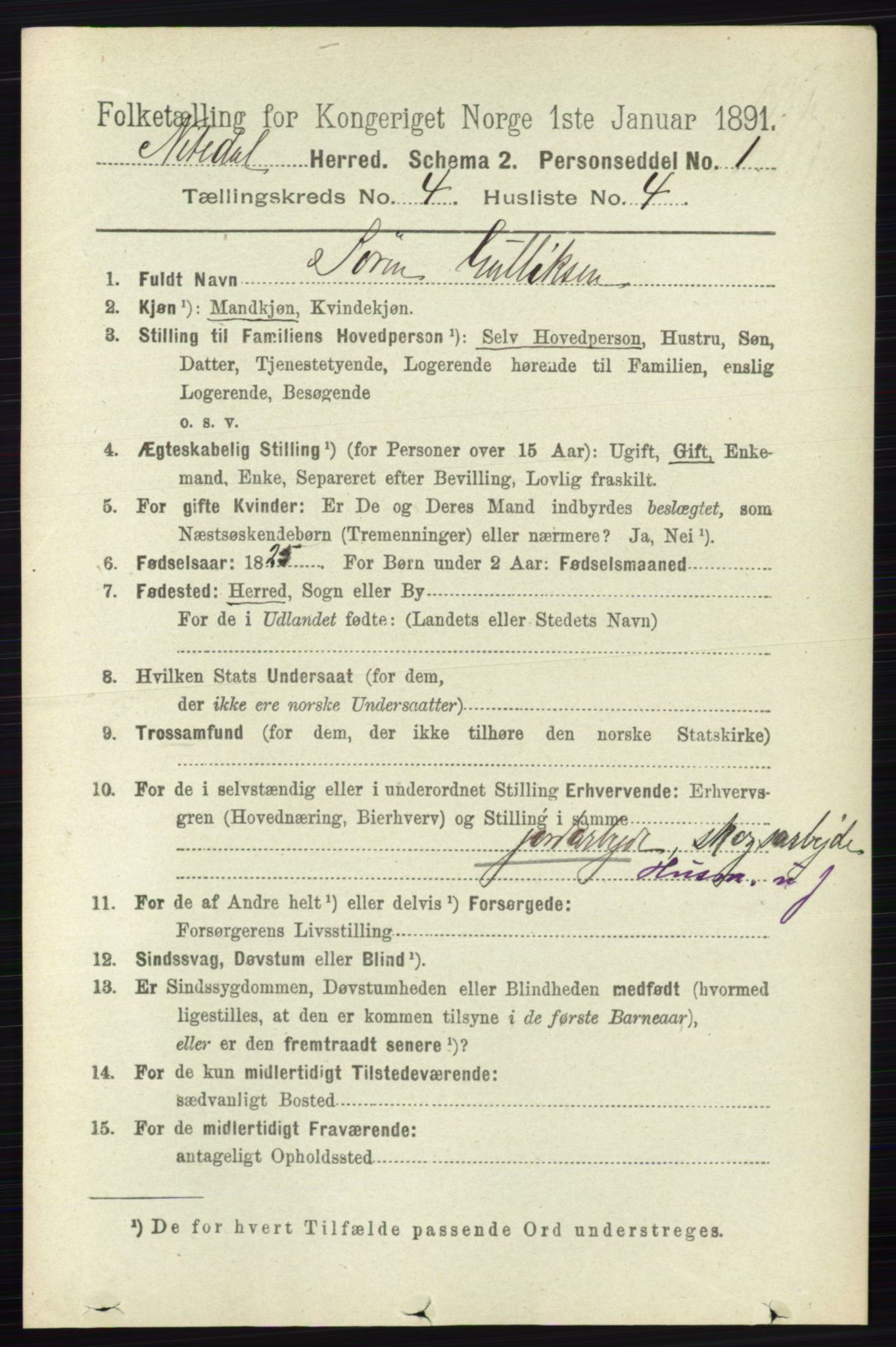 RA, 1891 census for 0233 Nittedal, 1891, p. 1725