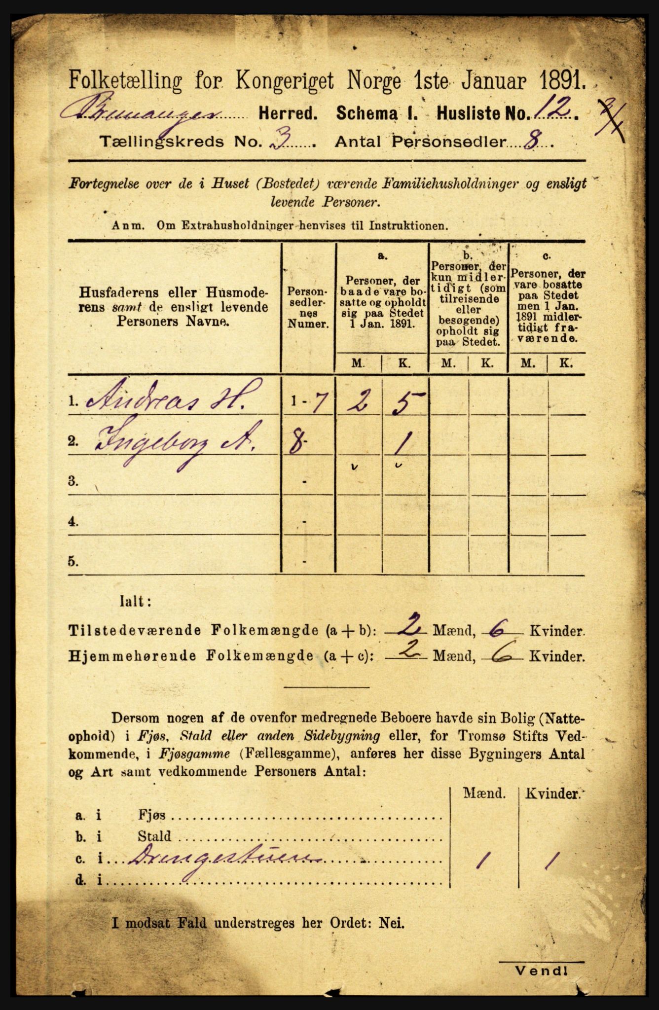 RA, 1891 census for 1438 Bremanger, 1891, p. 898