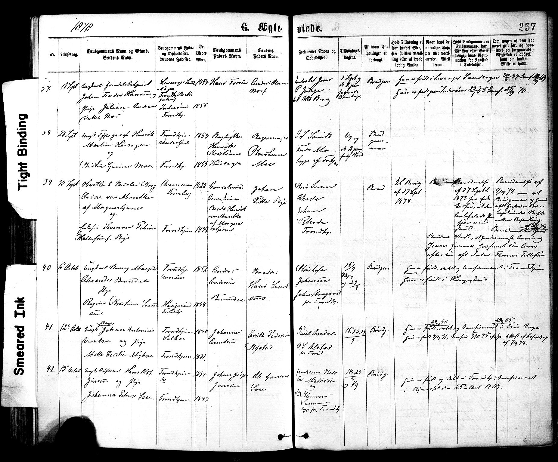 Ministerialprotokoller, klokkerbøker og fødselsregistre - Sør-Trøndelag, AV/SAT-A-1456/602/L0118: Parish register (official) no. 602A16, 1873-1879, p. 257