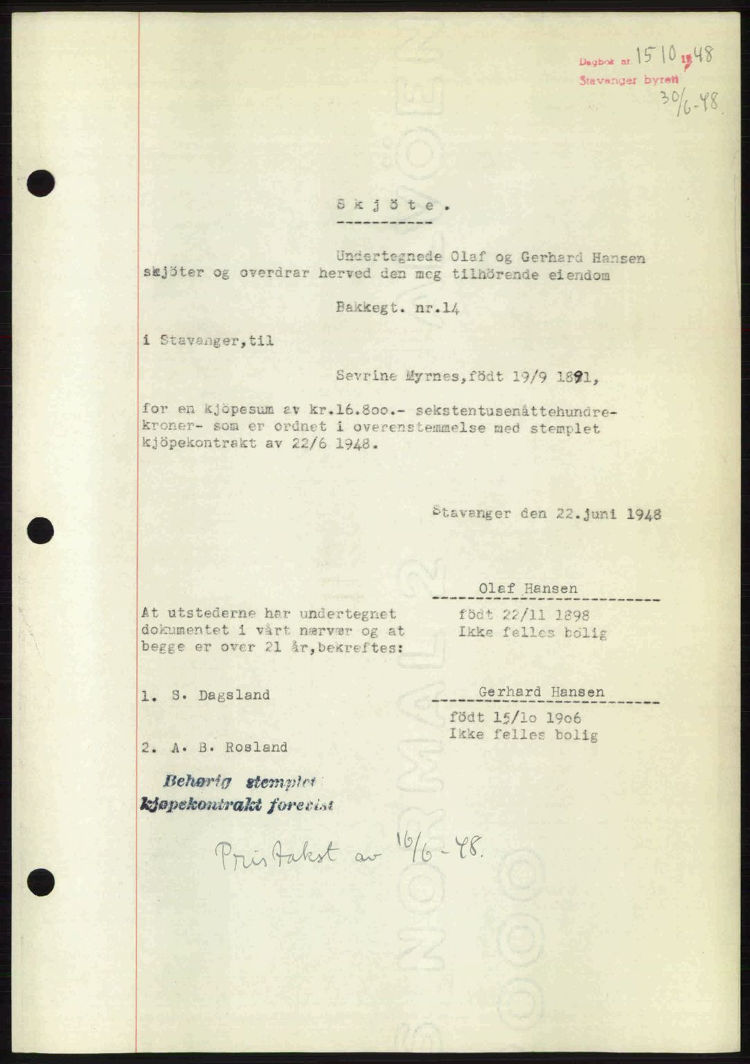 Stavanger byrett, SAST/A-100455/002/G/Gb/L0022: Mortgage book no. A11, 1947-1948, Diary no: : 1510/1948