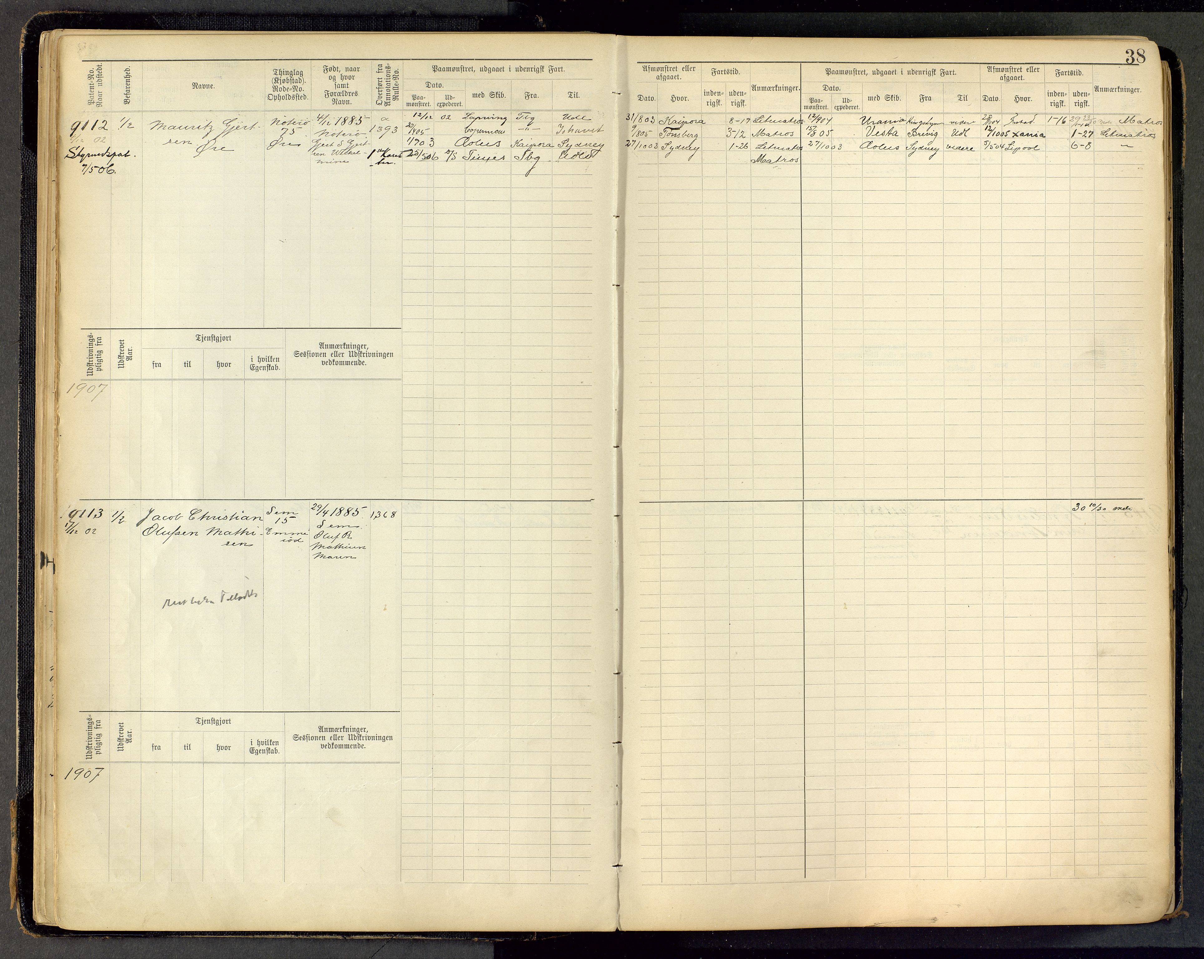 Tønsberg innrulleringskontor, AV/SAKO-A-786/F/Fc/Fca/L0011: Hovedrulle Patent nr. 9038-9992, 1900-1912, p. 38