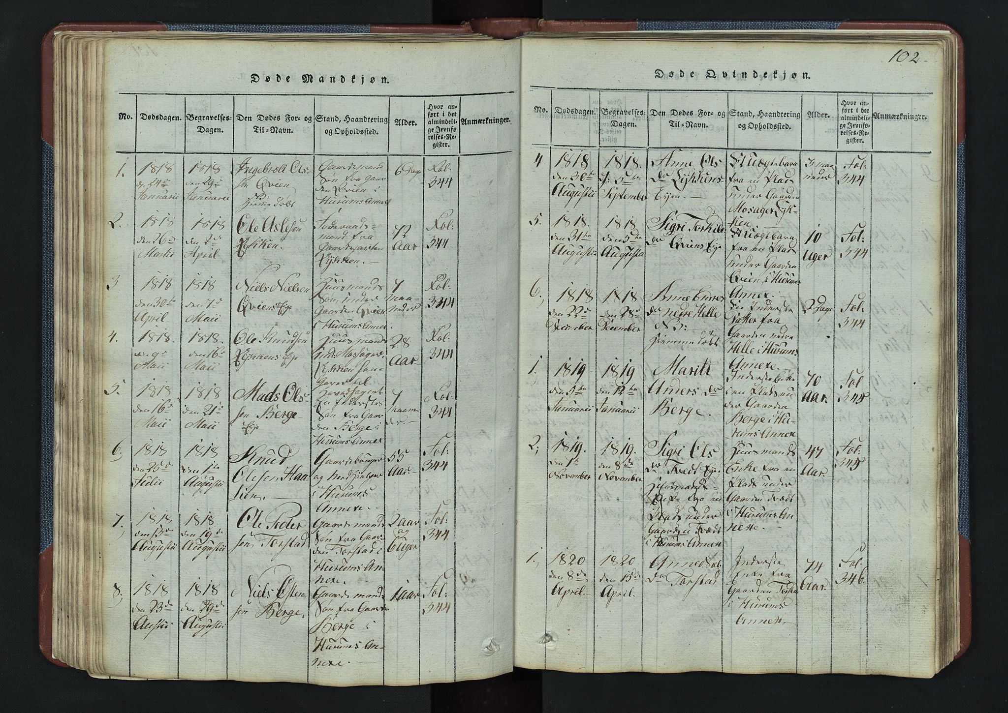 Vang prestekontor, Valdres, SAH/PREST-140/H/Hb/L0003: Parish register (copy) no. 3, 1814-1892, p. 102