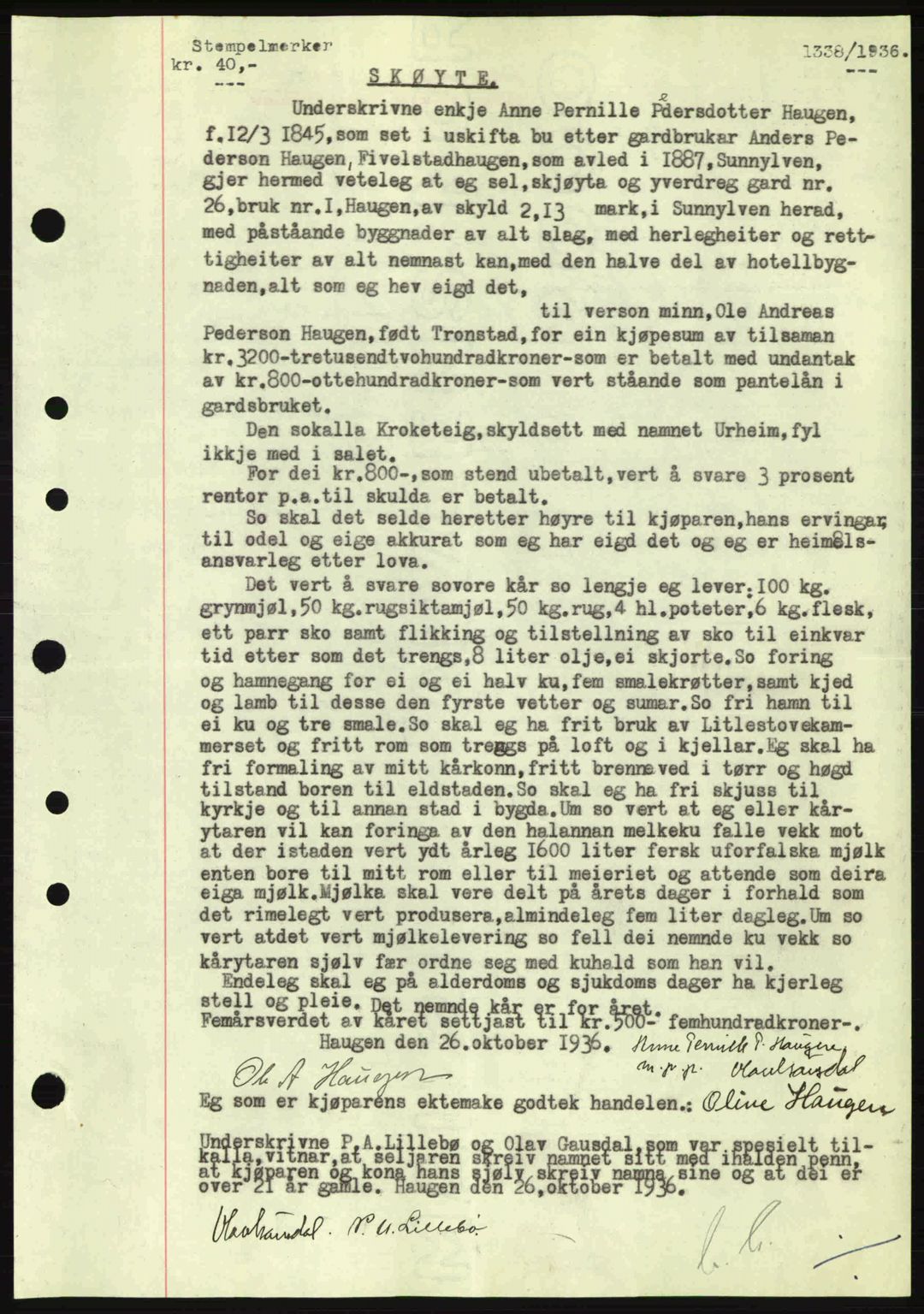 Nordre Sunnmøre sorenskriveri, AV/SAT-A-0006/1/2/2C/2Ca: Mortgage book no. A2, 1936-1937, Diary no: : 1338/1936