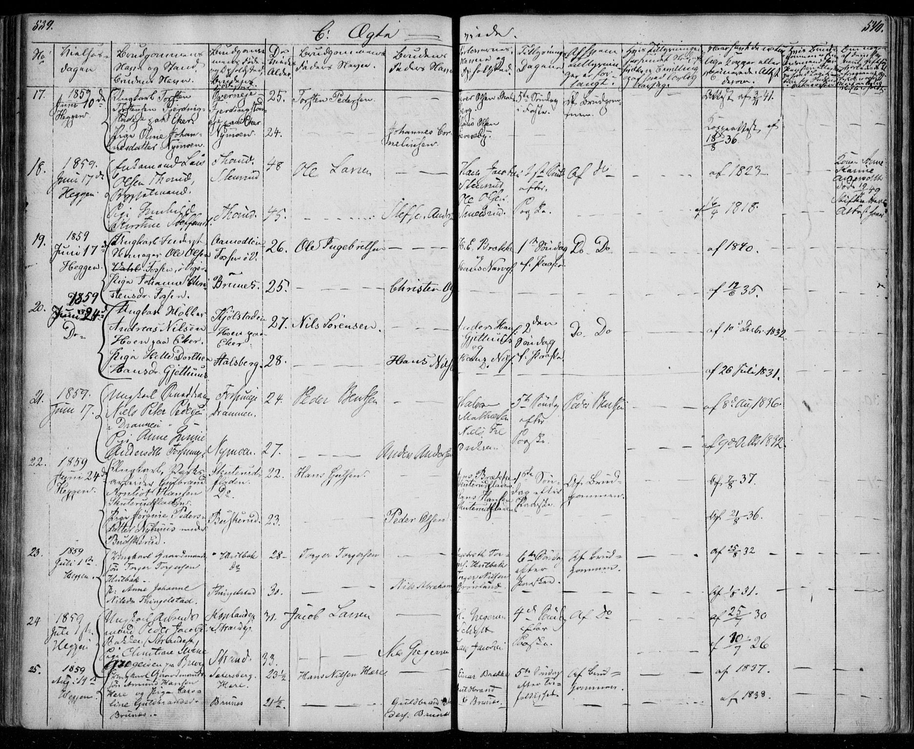 Modum kirkebøker, AV/SAKO-A-234/F/Fa/L0008: Parish register (official) no. 8, 1851-1859, p. 539-540