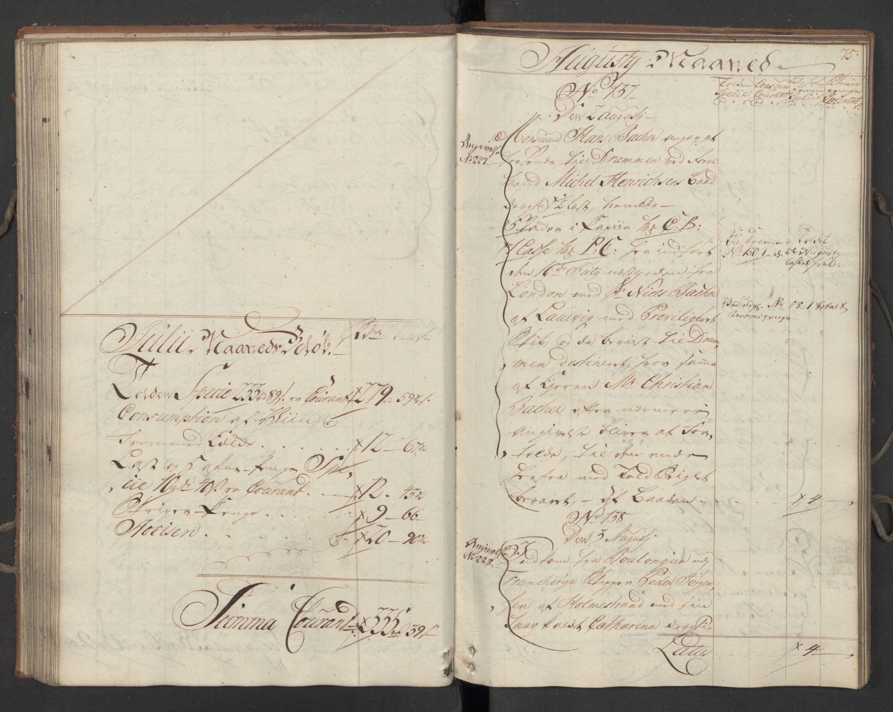 Generaltollkammeret, tollregnskaper, AV/RA-EA-5490/R09/L0033/0001: Tollregnskaper Holmestrand / Inngående hovedtollbok, 1762, p. 74b-75a