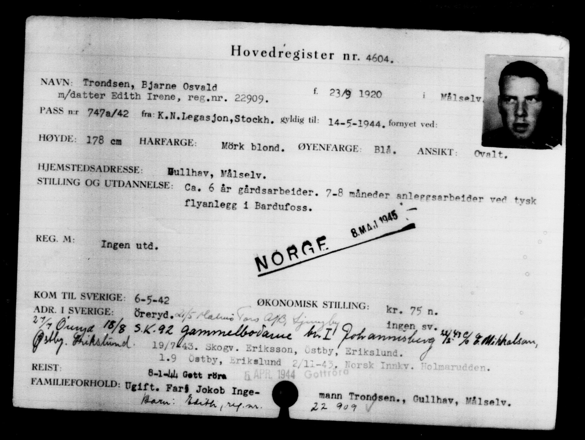 Utenriksstasjonene, Legasjonen i Stockholm, Flyktningkontoret, AV/RA-S-6753/V/Va/L0004: Kjesäterkartoteket, flyktninger med registreringsnr. 3496-6610, 1940-1945, p. 1315