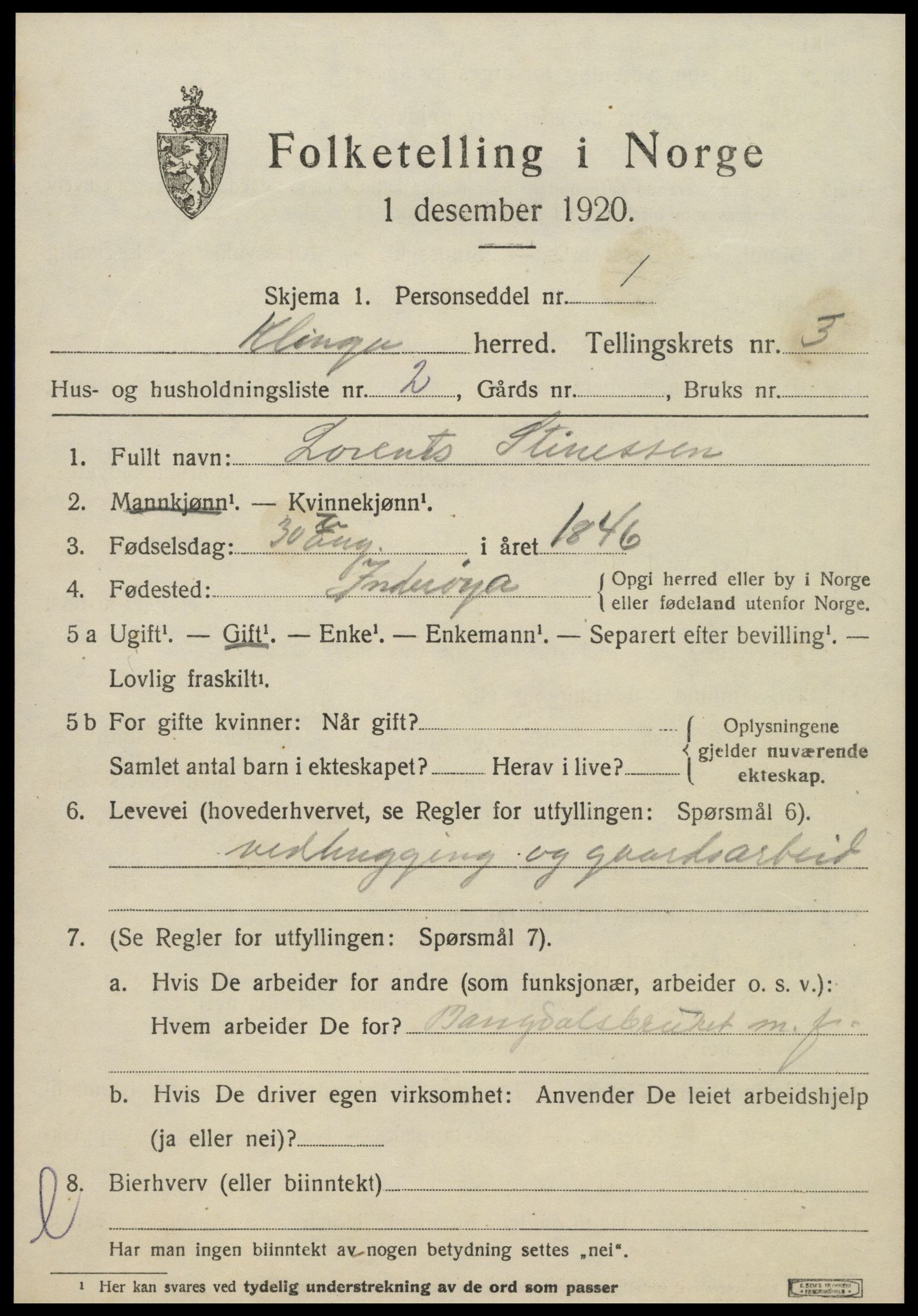 SAT, 1920 census for Klinga, 1920, p. 2079