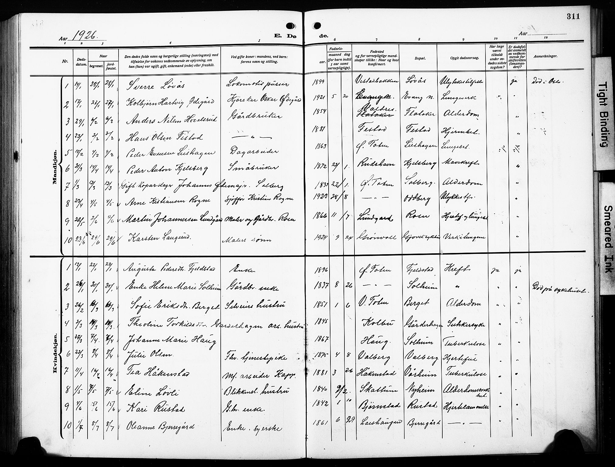 Østre Toten prestekontor, SAH/PREST-104/H/Ha/Hab/L0010: Parish register (copy) no. 10, 1912-1933, p. 311