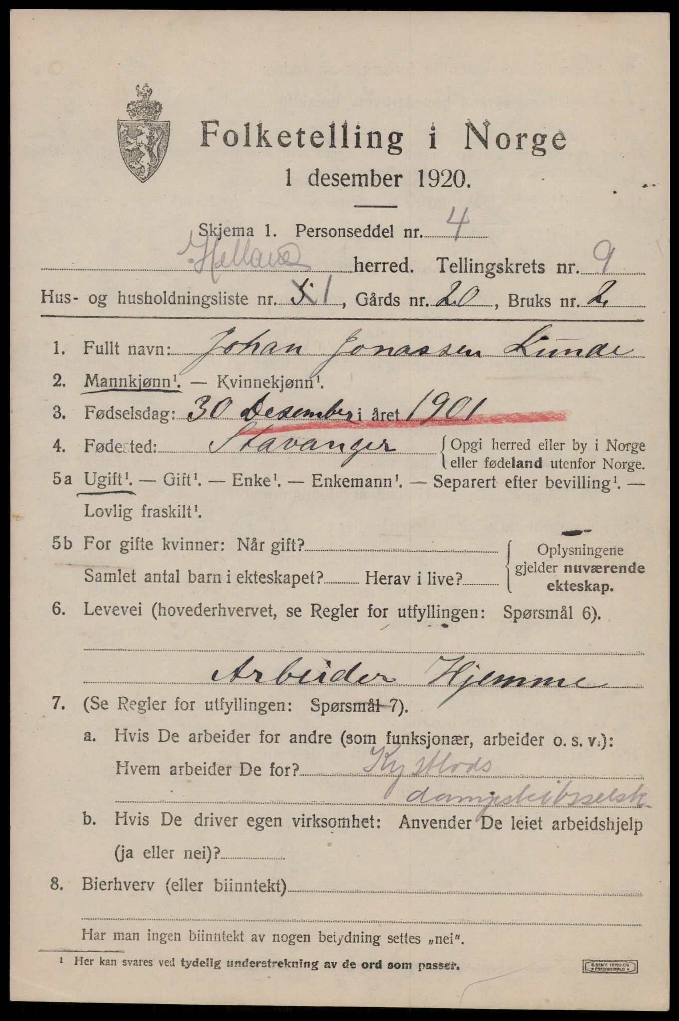 SAST, 1920 census for Hetland, 1920, p. 17723