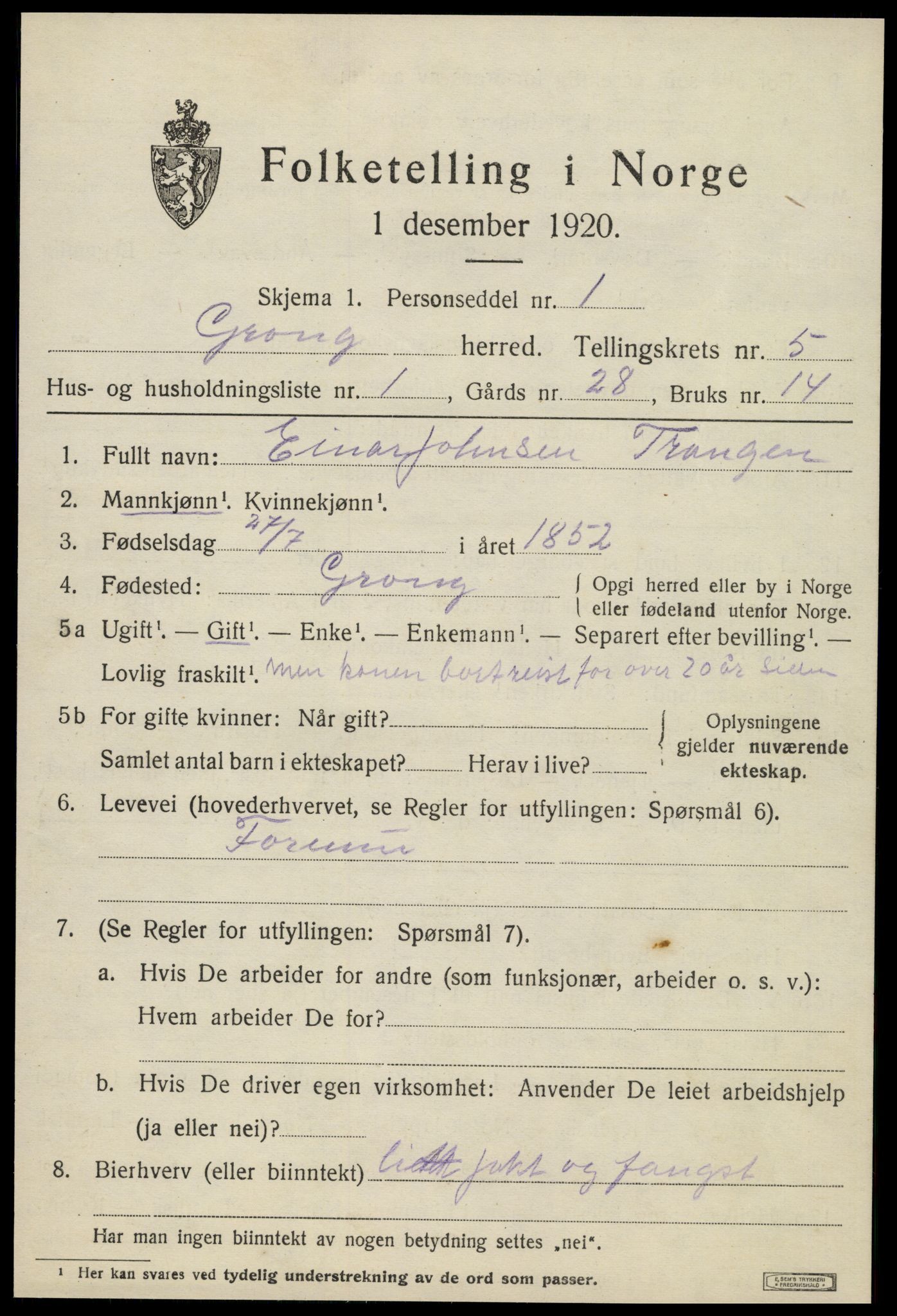 SAT, 1920 census for Grong, 1920, p. 3283