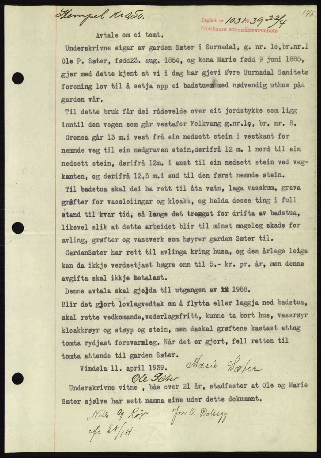 Nordmøre sorenskriveri, AV/SAT-A-4132/1/2/2Ca: Mortgage book no. B85, 1939-1939, Diary no: : 1031/1939